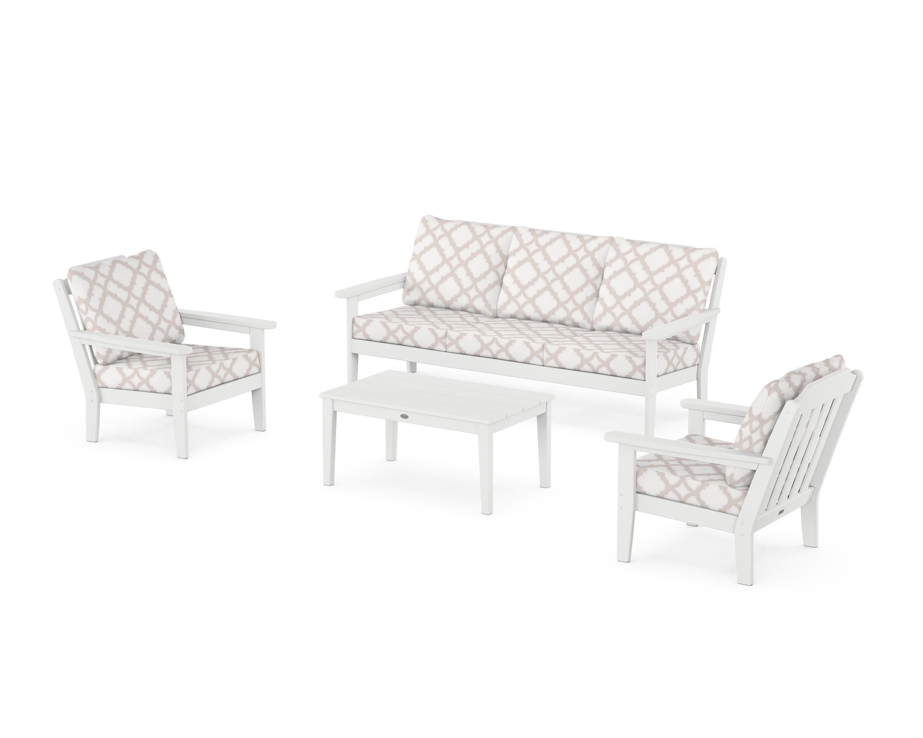 Cottage 4-Piece Deep Seating Set with Sofa in White / Trellis Dune Burlap