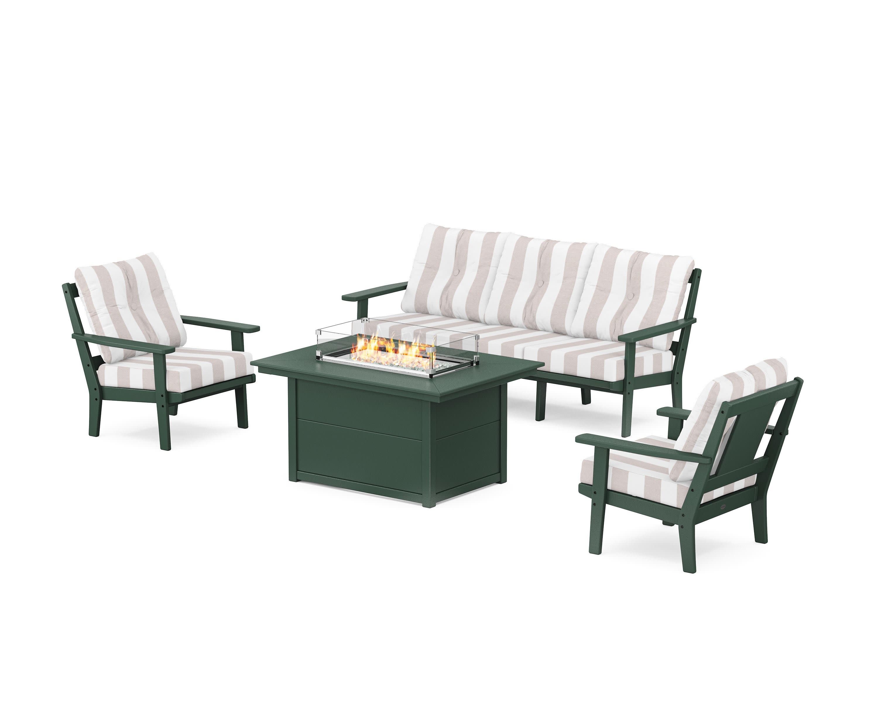 Prairie Deep Seating Fire Pit Table Set in Green / Cabana Stripe Dune Burlap