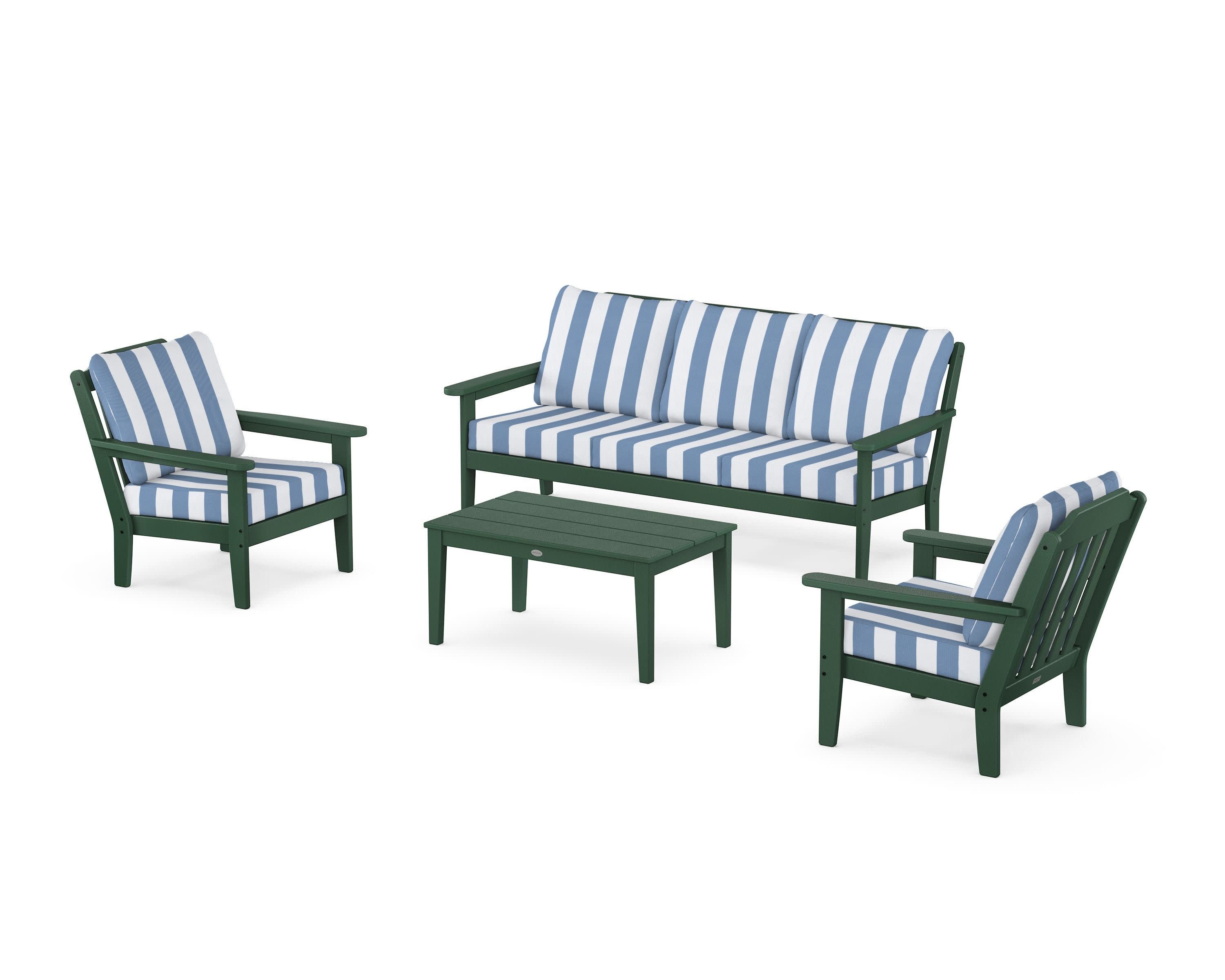 Cottage 4-Piece Deep Seating Set with Sofa in Green / Cabana Stripe Sky Blue