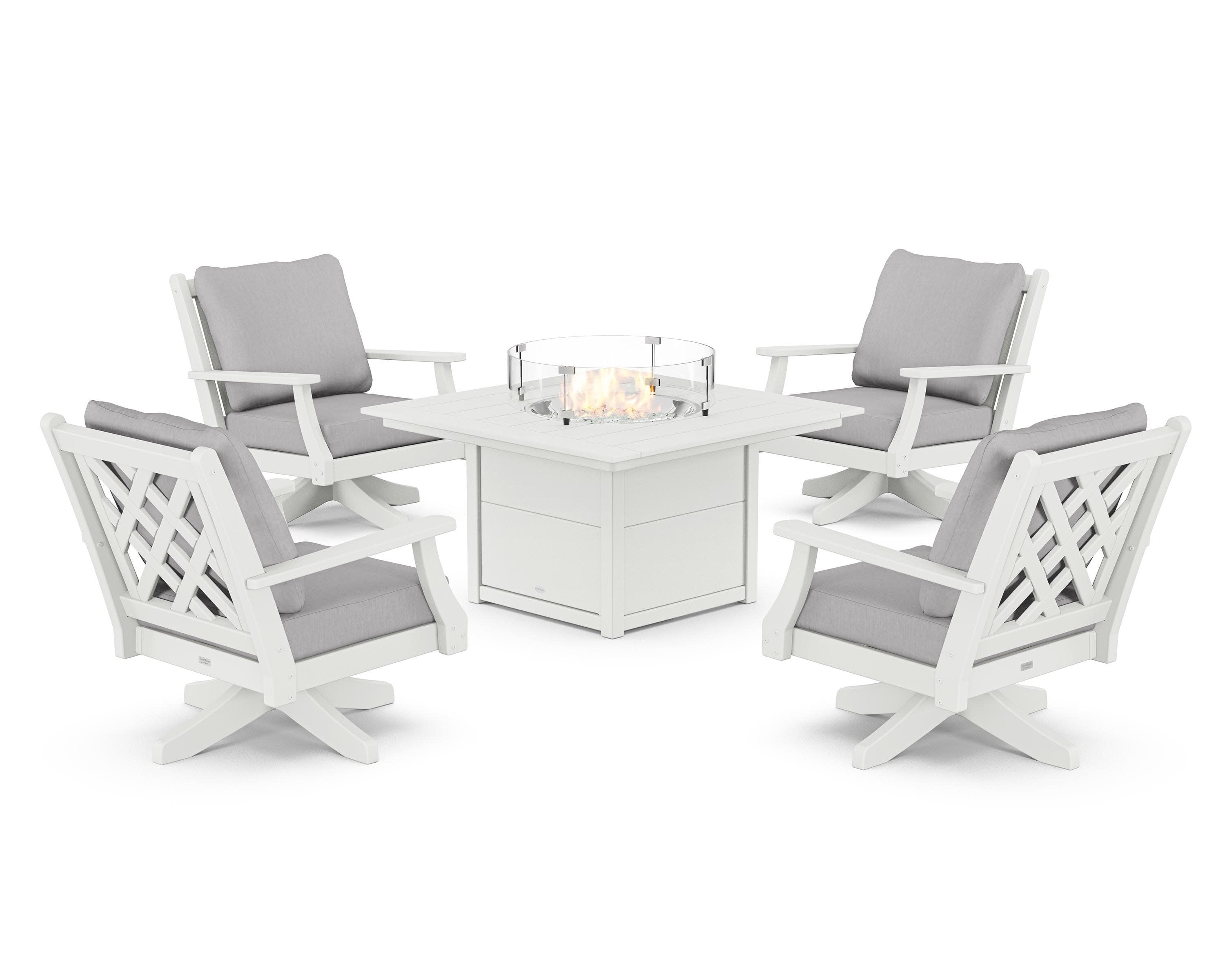 Wovendale 5-Piece Deep Seating Swivel Conversation Set with Fire Pit Table in White / Granite