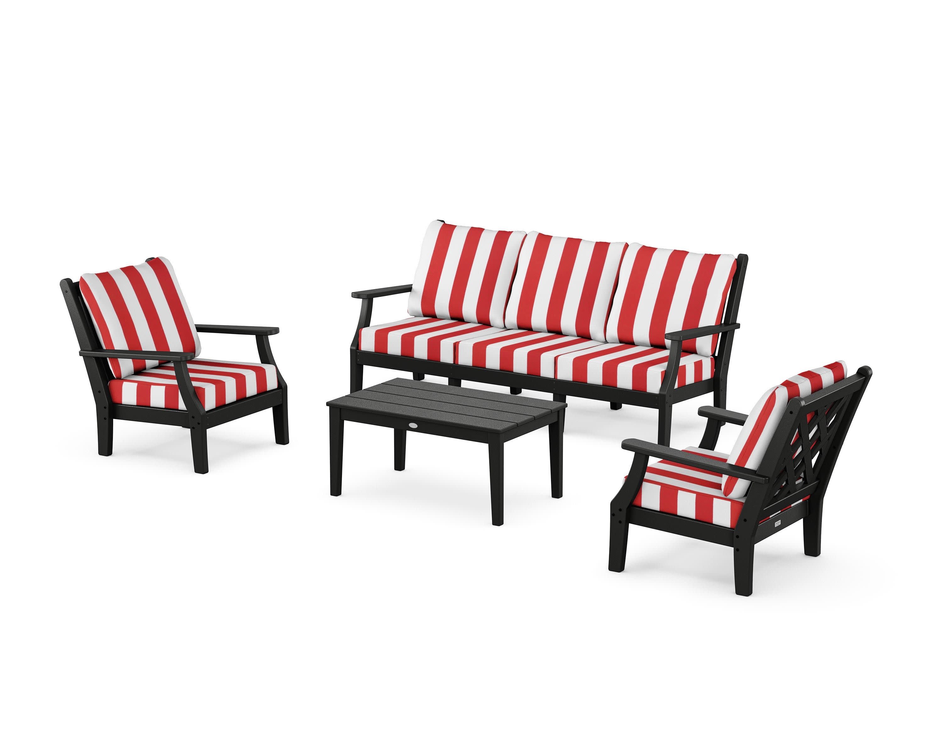 Wovendale 4-Piece Deep Seating Set with Sofa in Black / Cabana Stripe Crimson