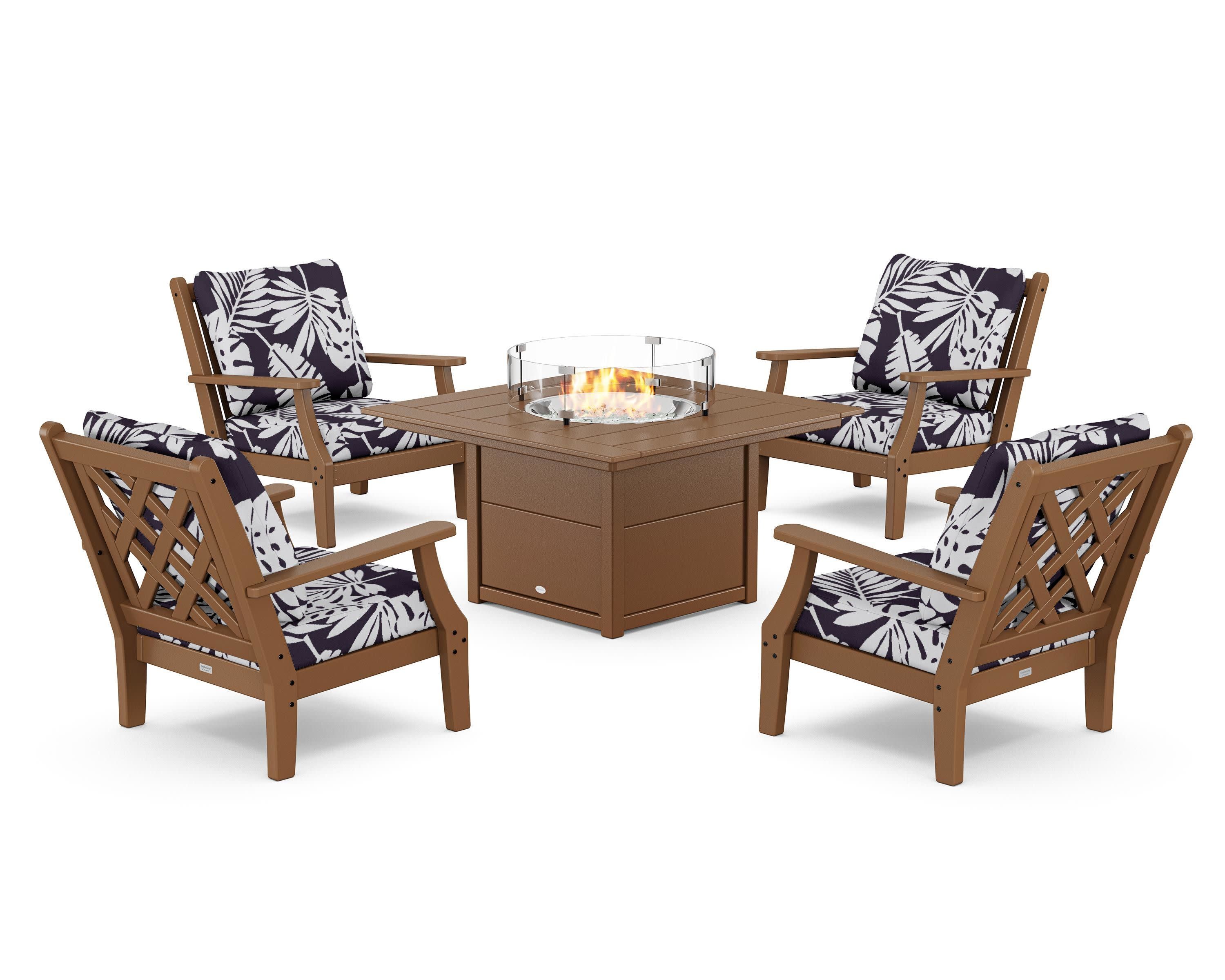 Wovendale 5-Piece Deep Seating Set with Fire Pit Table in Teak / Leaf Navy