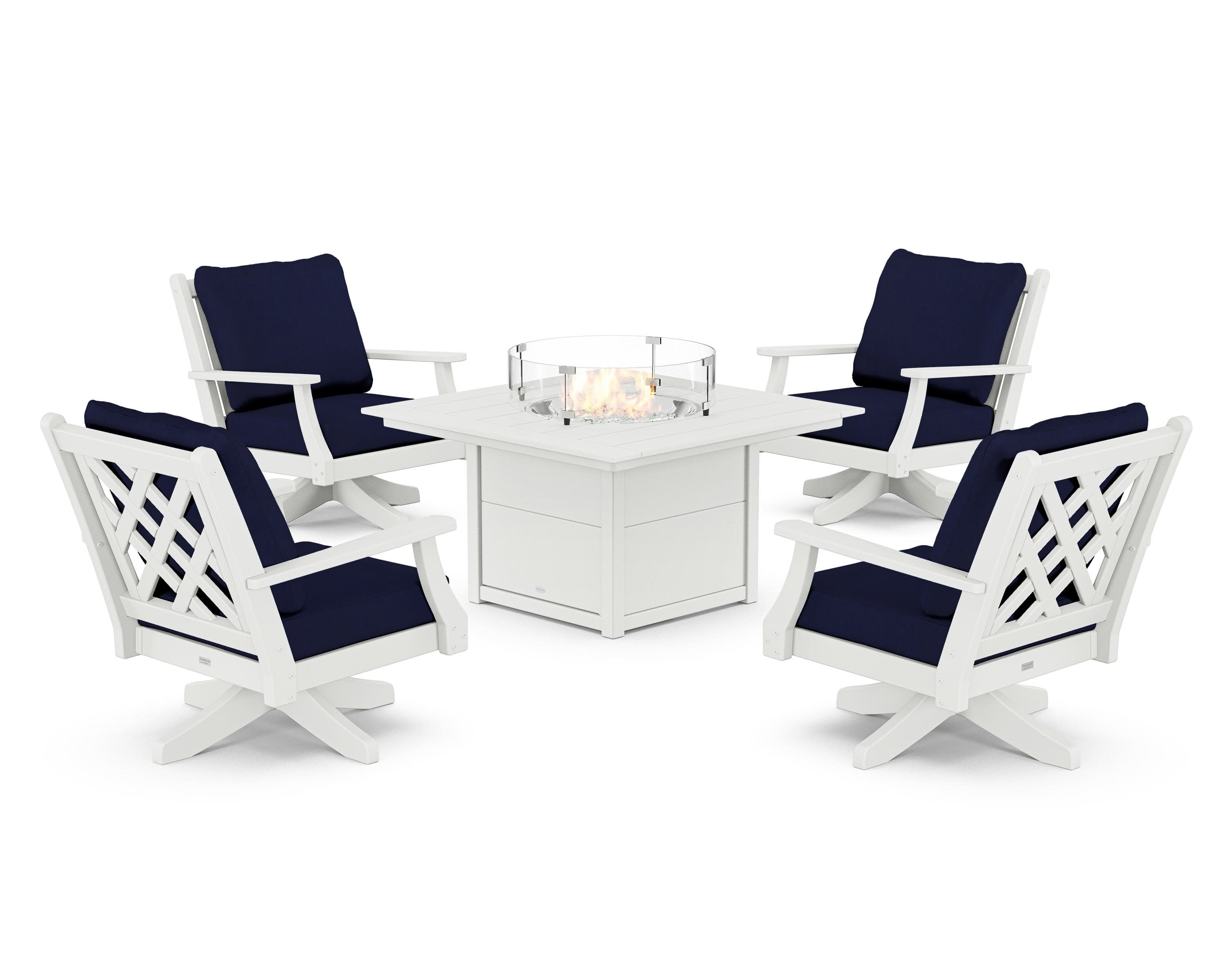 Wovendale 5-Piece Deep Seating Swivel Conversation Set with Fire Pit Table in White / Navy