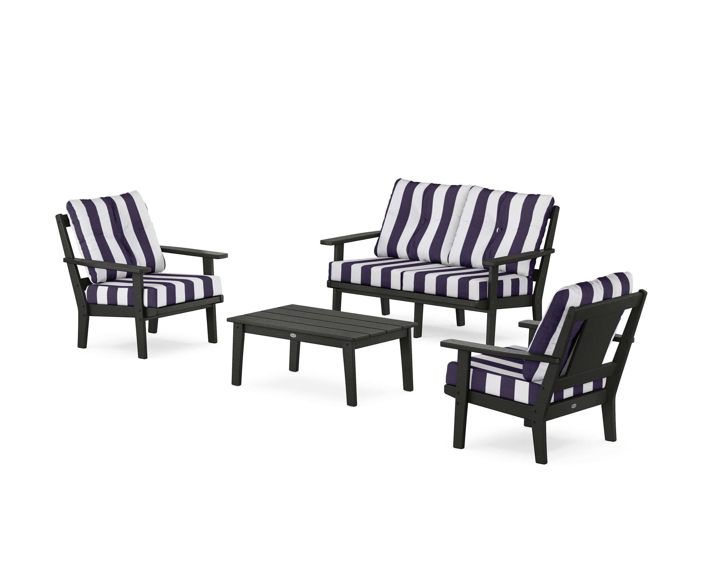 Prairie 4-Piece Deep Seating Set with Loveseat in Black / Cabana Stripe Navy