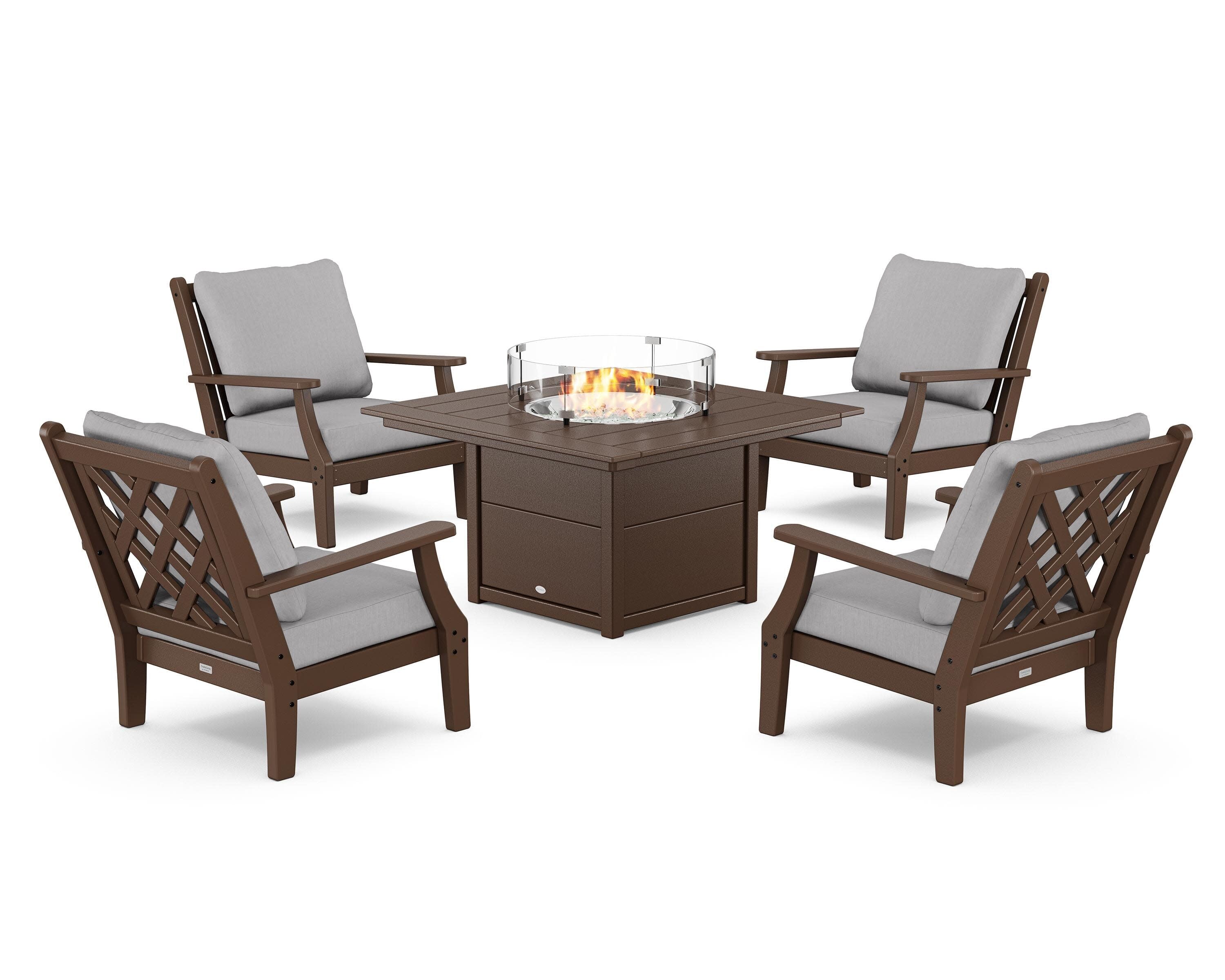Wovendale 5-Piece Deep Seating Set with Fire Pit Table in Mahogany / Granite