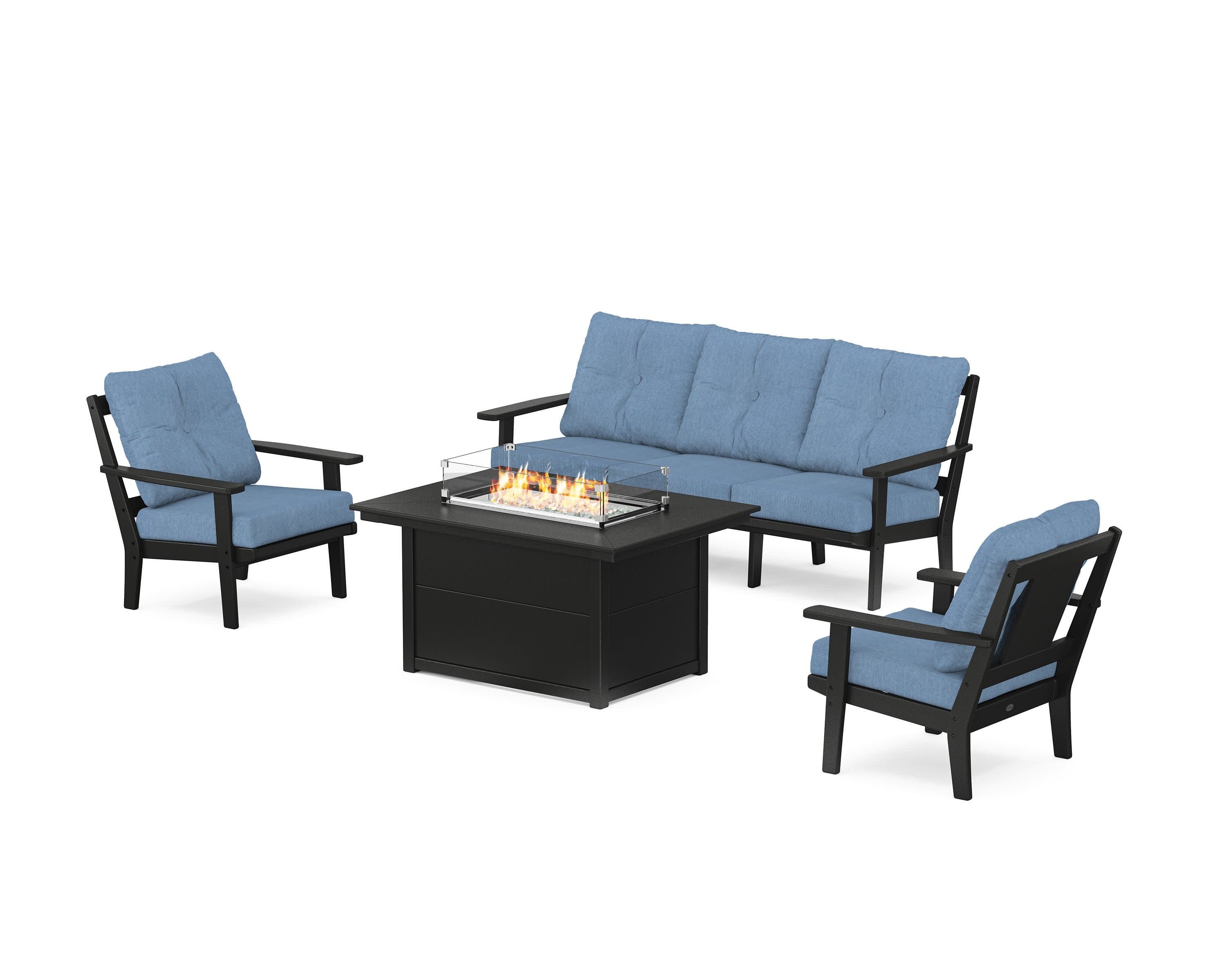 Prairie Deep Seating Fire Pit Table Set in Black / Sky Blue