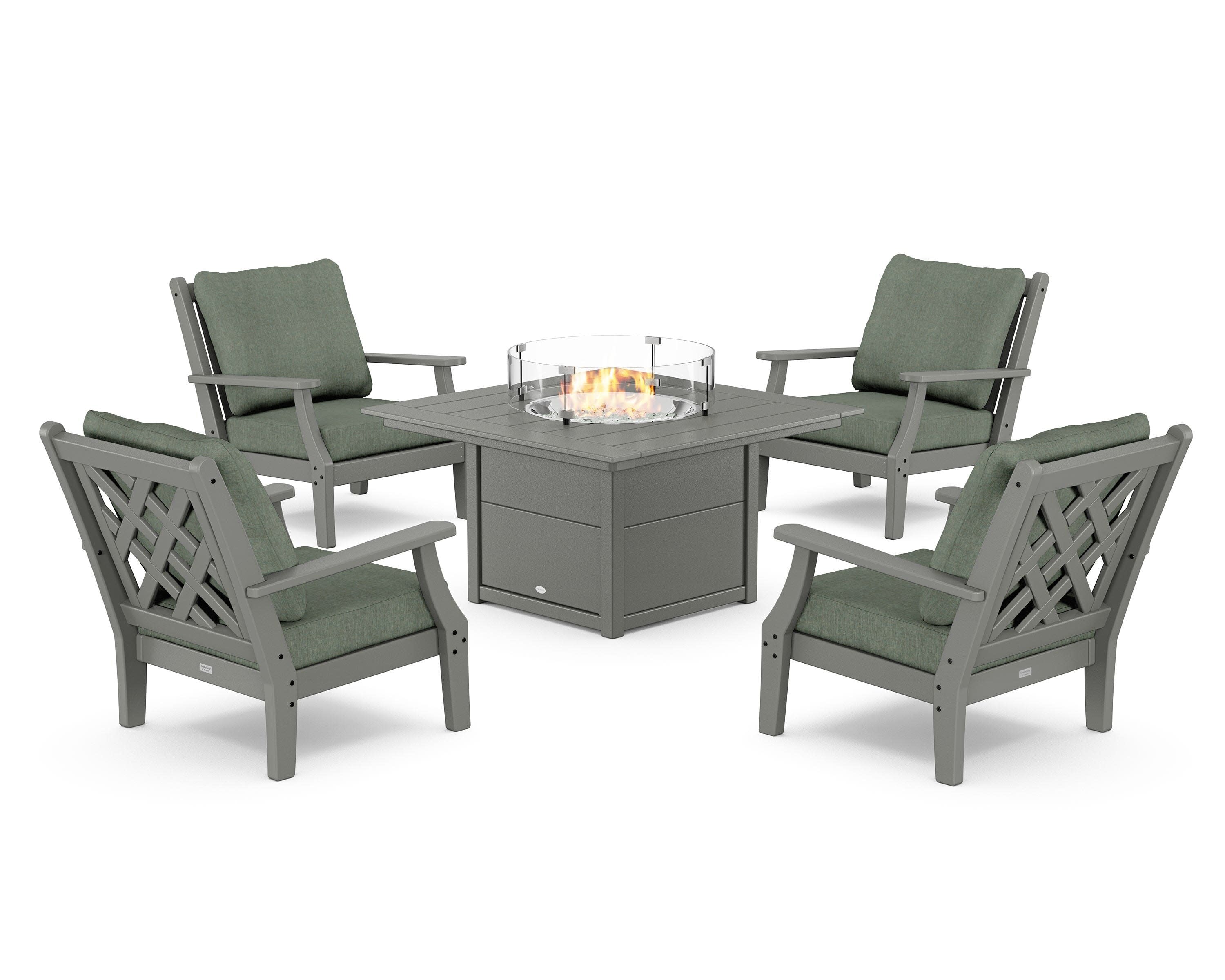Wovendale 5-Piece Deep Seating Set with Fire Pit Table in Slate Grey / Cast Sage