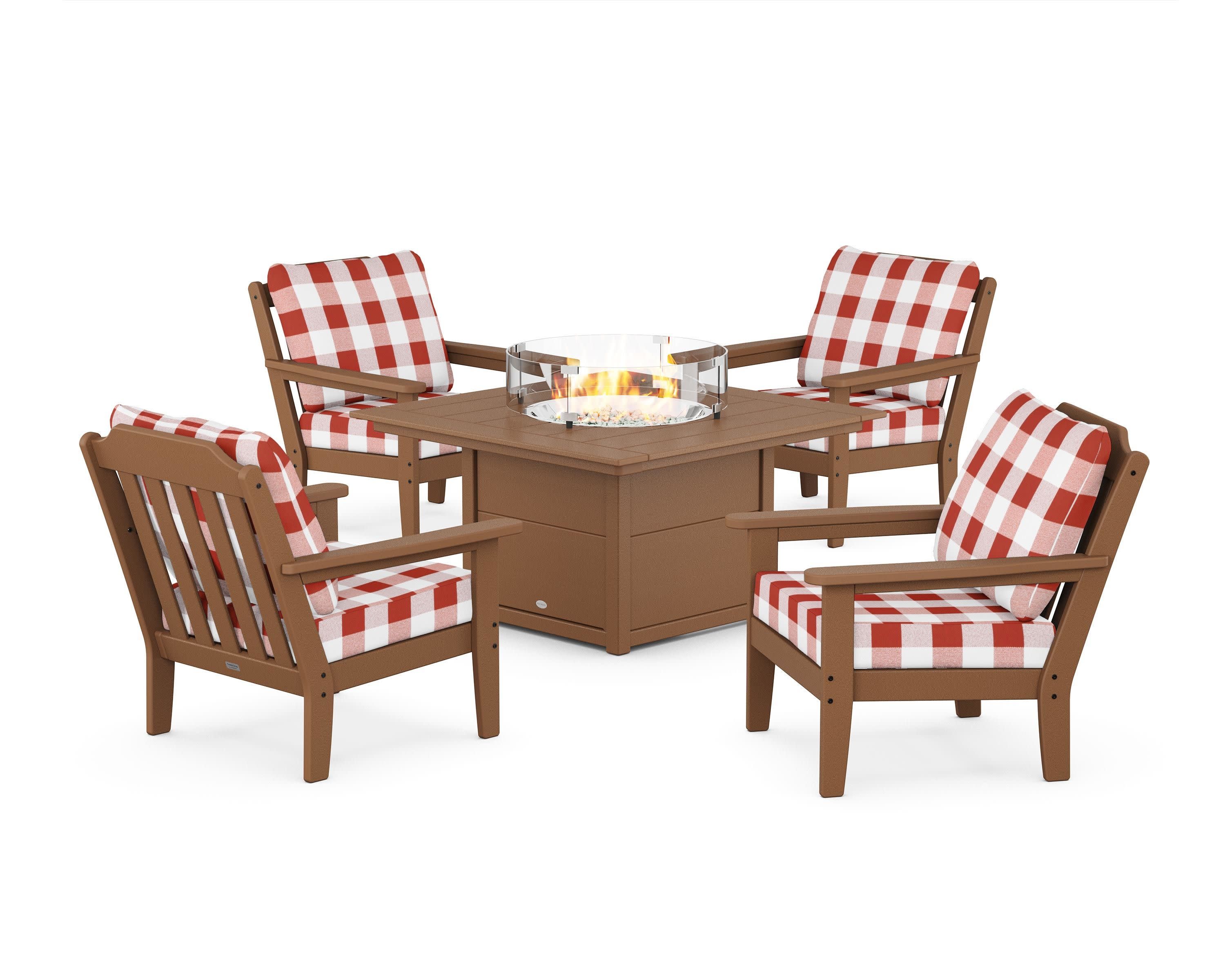 Cottage 5-Piece Deep Seating Set with Fire Pit Table in Teak / Buffalo Plaid Crimson
