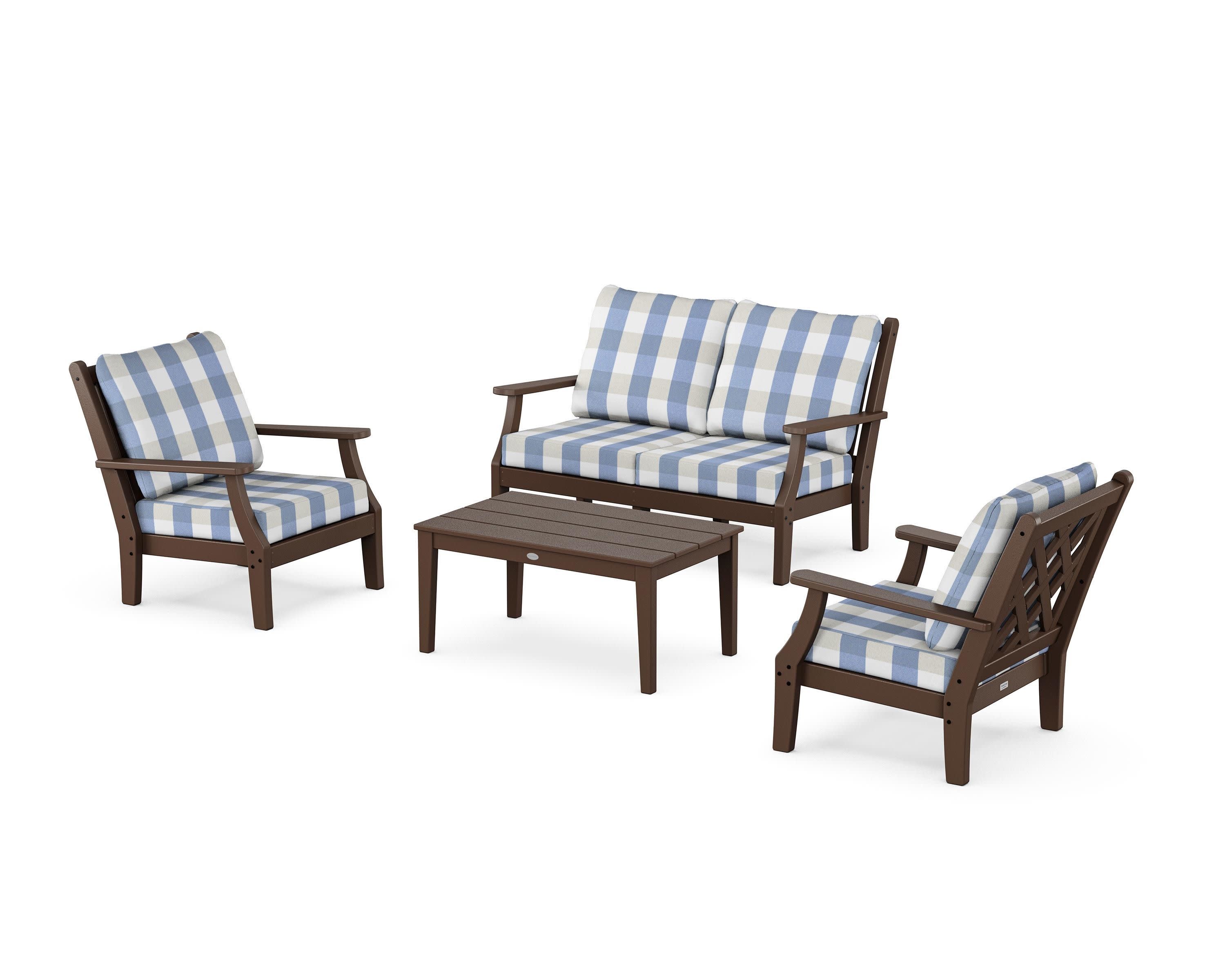 Wovendale 4-Piece Deep Seating Set with Loveseat in Mahogany / Buffalo Plaid Sky Blue