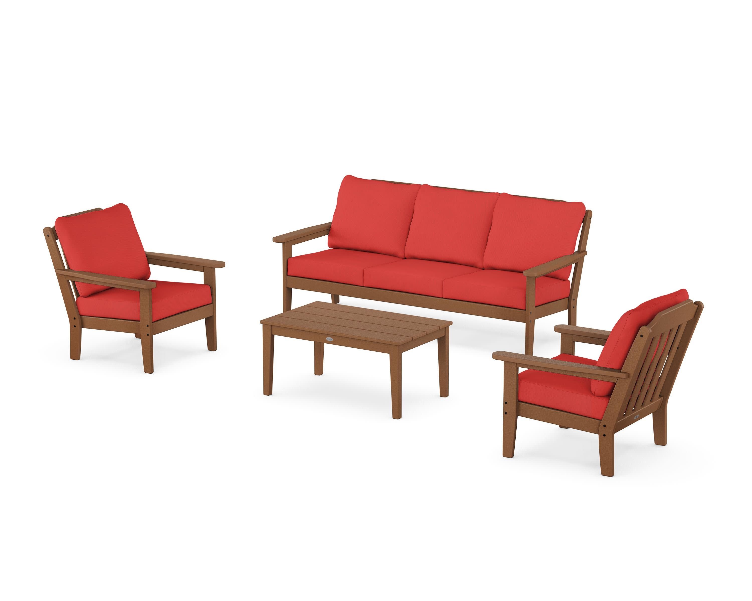Cottage 4-Piece Deep Seating Set with Sofa in Teak / Crimson Linen