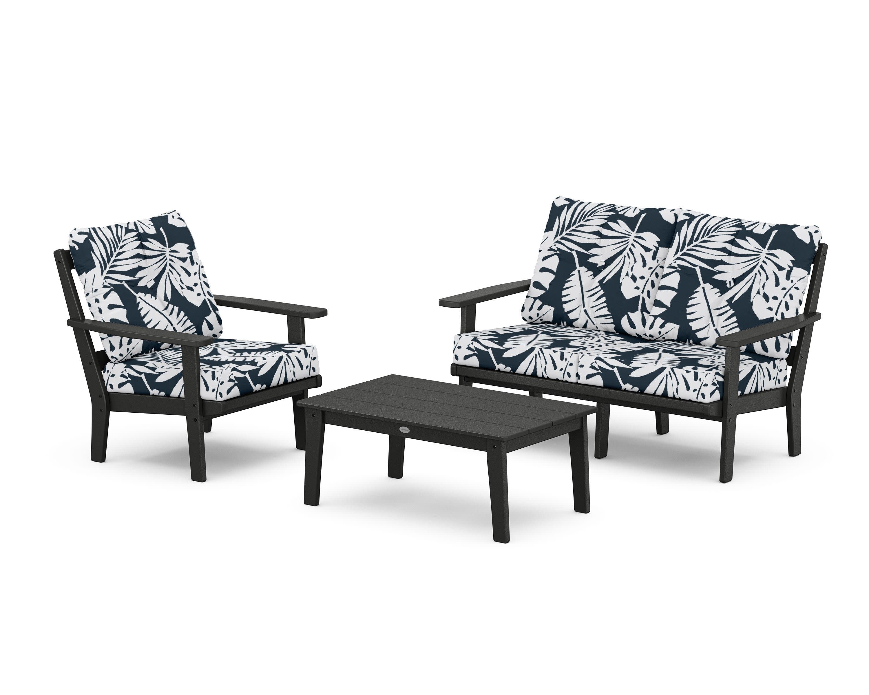 Prairie 3-Piece Deep Seating Set with Loveseat in Black / Leaf Marine Indigo