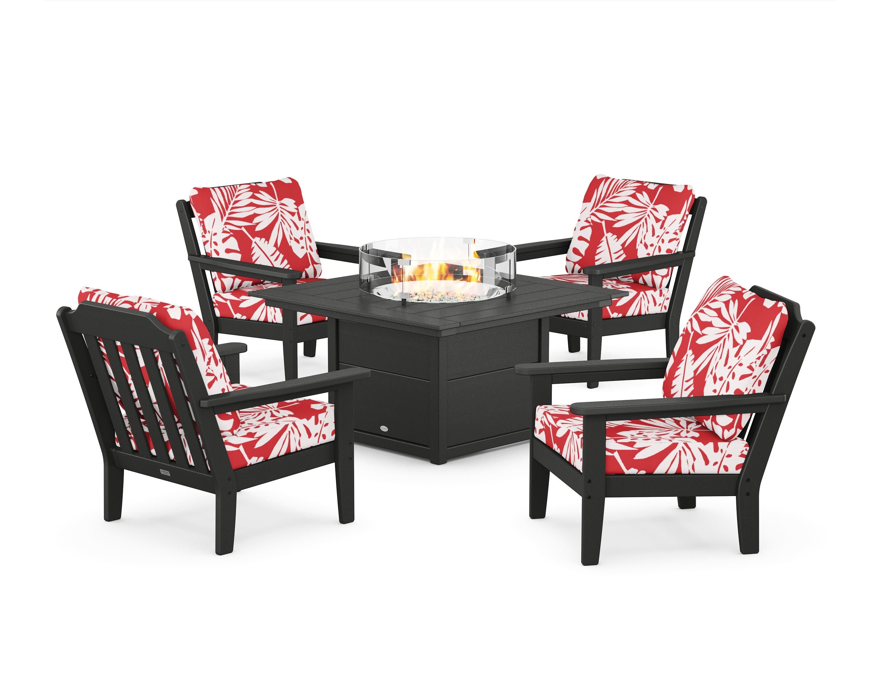 Cottage 5-Piece Deep Seating Set with Fire Pit Table in Black / Leaf Crimson