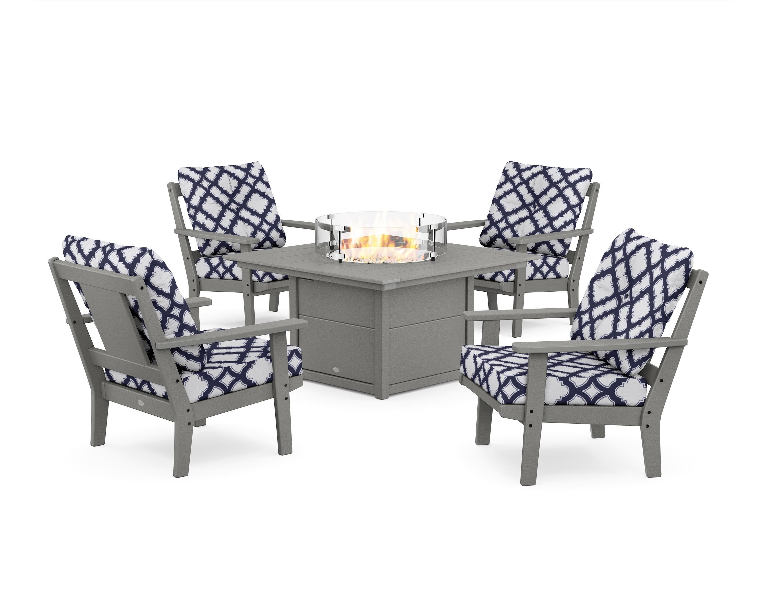 Prairie 5-Piece Deep Seating Set with Fire Pit Table in Slate Grey / Trellis Navy