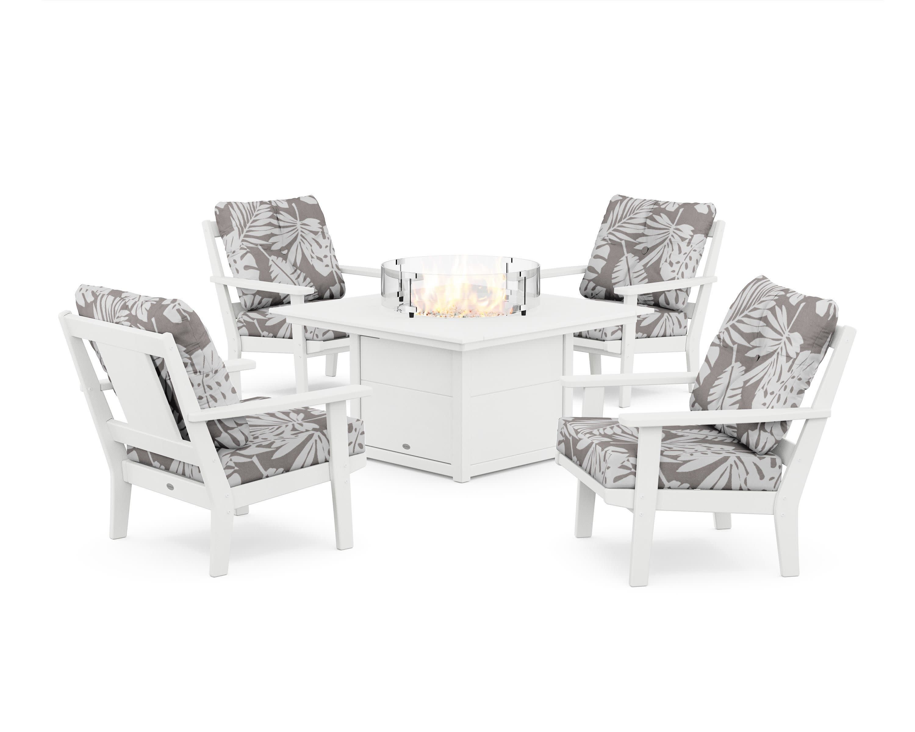 Prairie 5-Piece Deep Seating Set with Fire Pit Table in White / Leaf Grey Mist