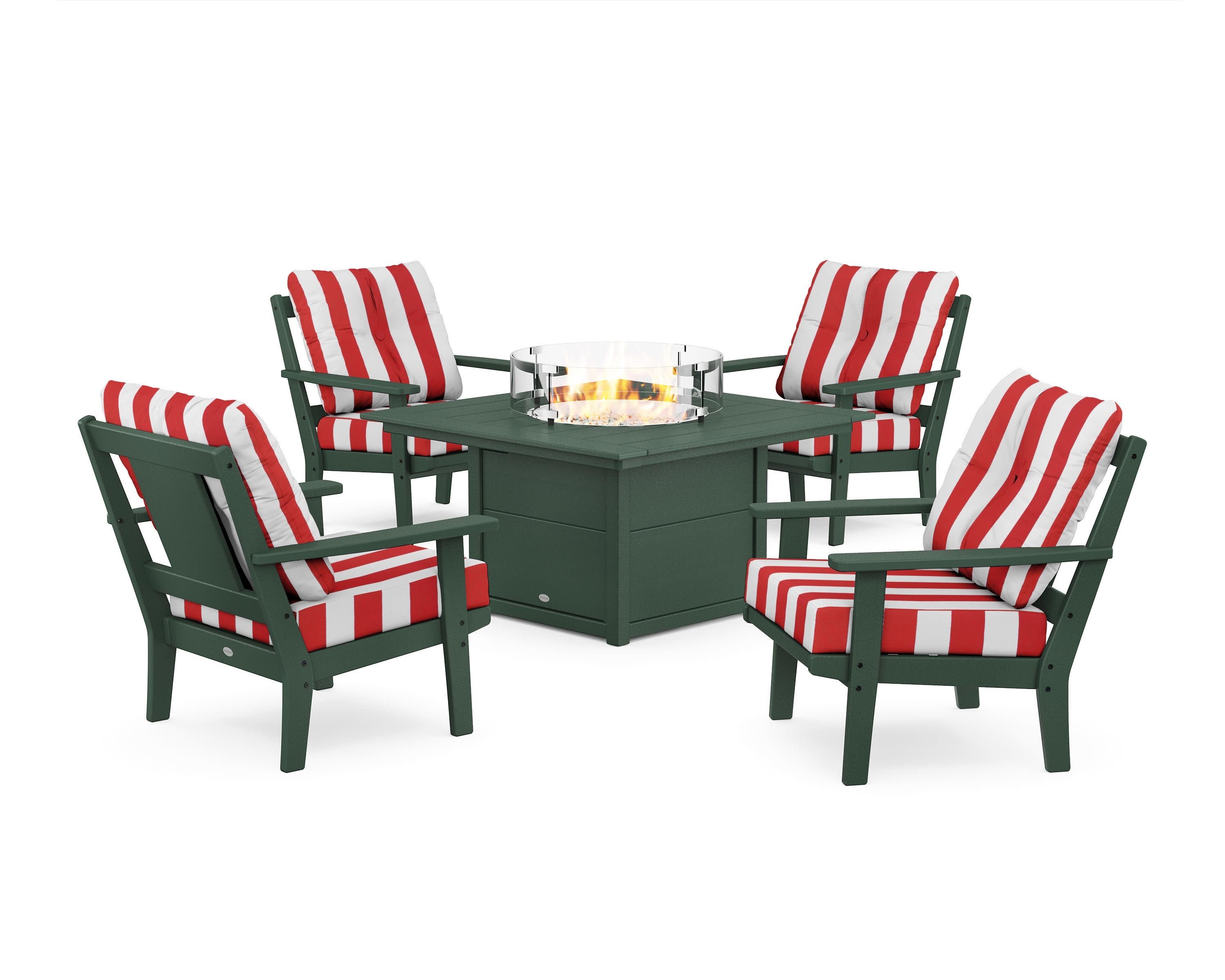 Prairie 5-Piece Deep Seating Set with Fire Pit Table in Green / Cabana Stripe Crimson