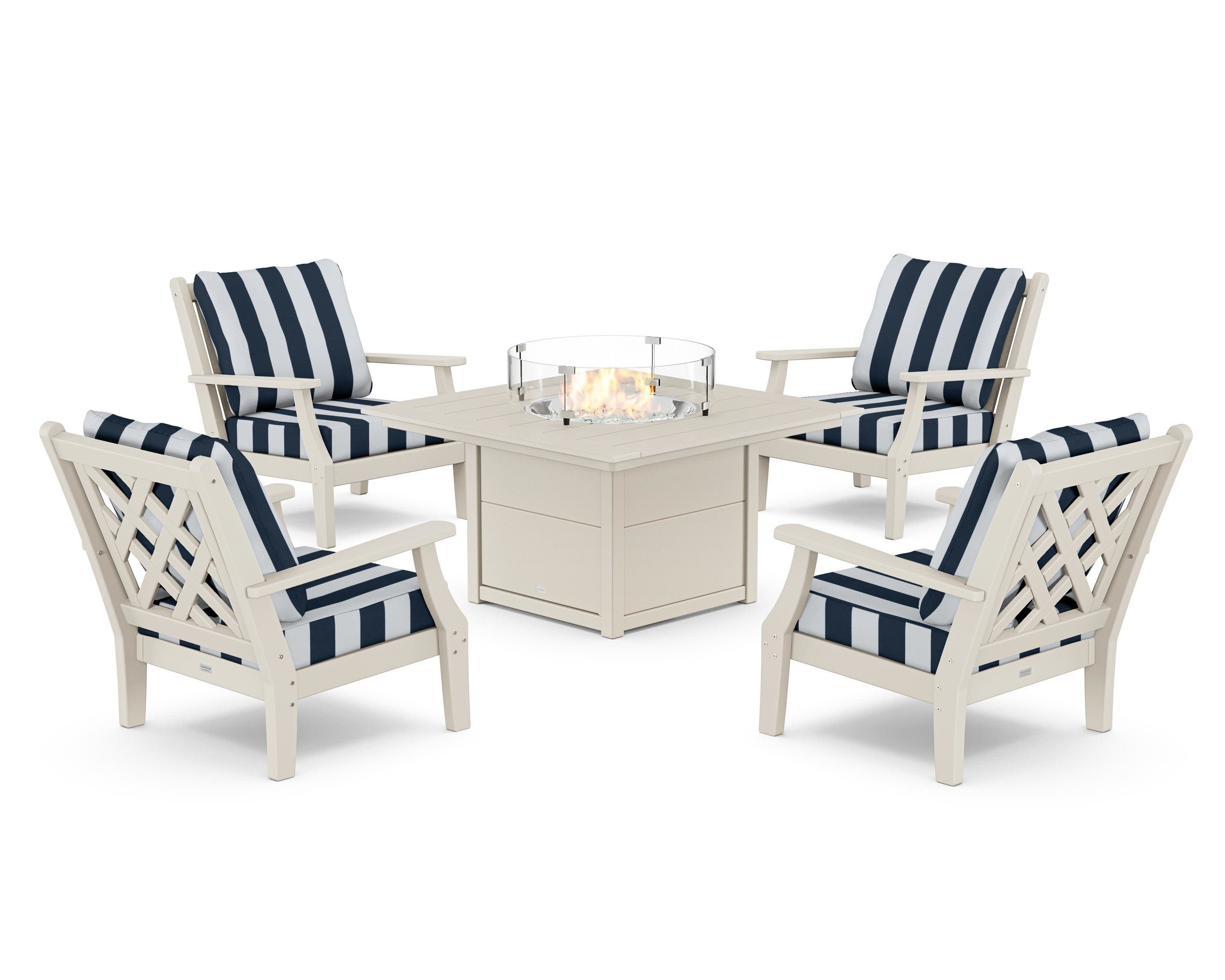Wovendale 5-Piece Deep Seating Set with Fire Pit Table in Sand / Cabana Stripe Marine Indigo
