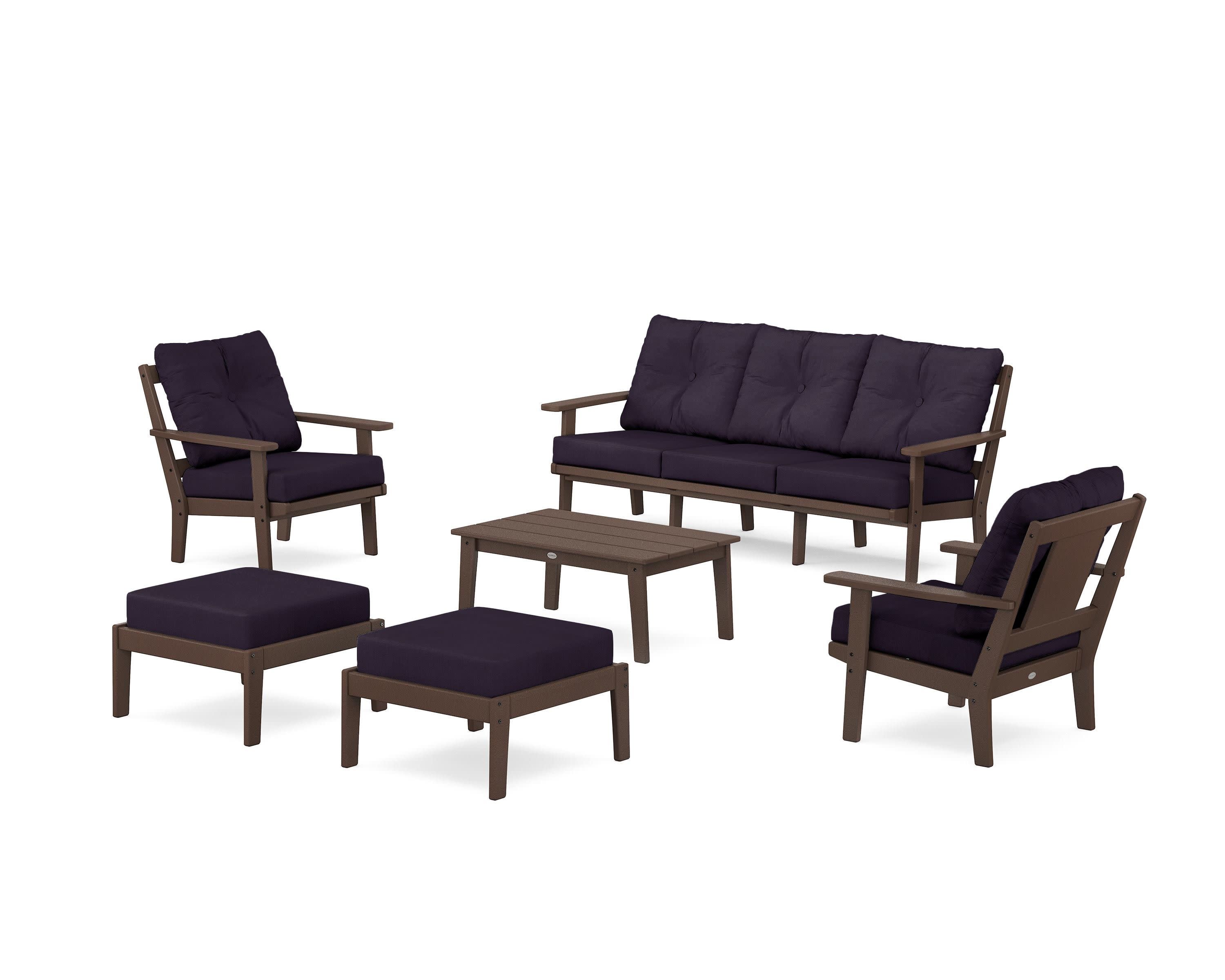 Prairie 6-Piece Lounge Sofa Set in Mahogany / Navy Linen