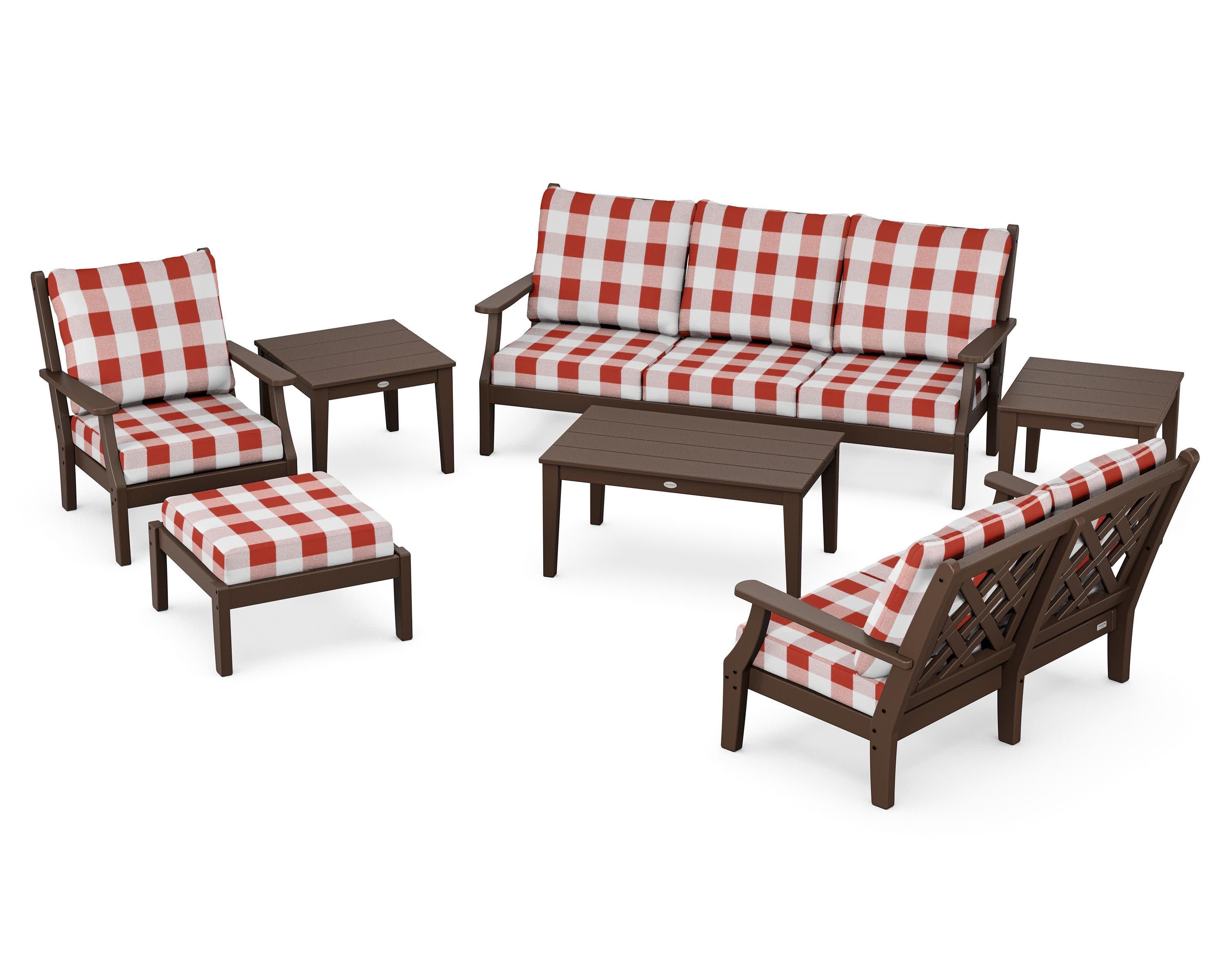 Wovendale 7-Piece Deep Seating Set in Mahogany / Buffalo Plaid Crimson