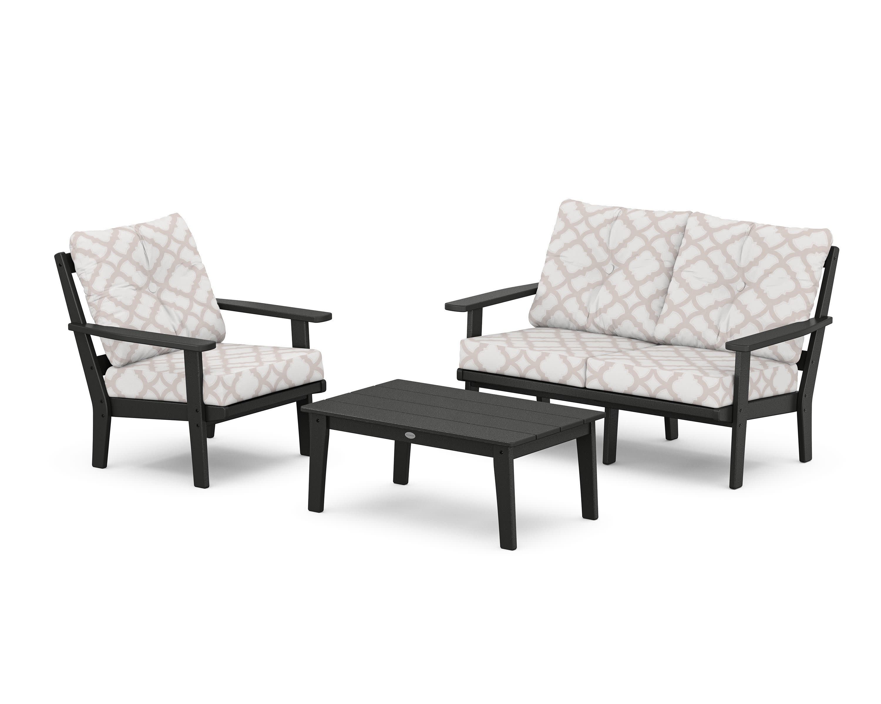 Prairie 3-Piece Deep Seating Set with Loveseat in Black / Trellis Dune Burlap