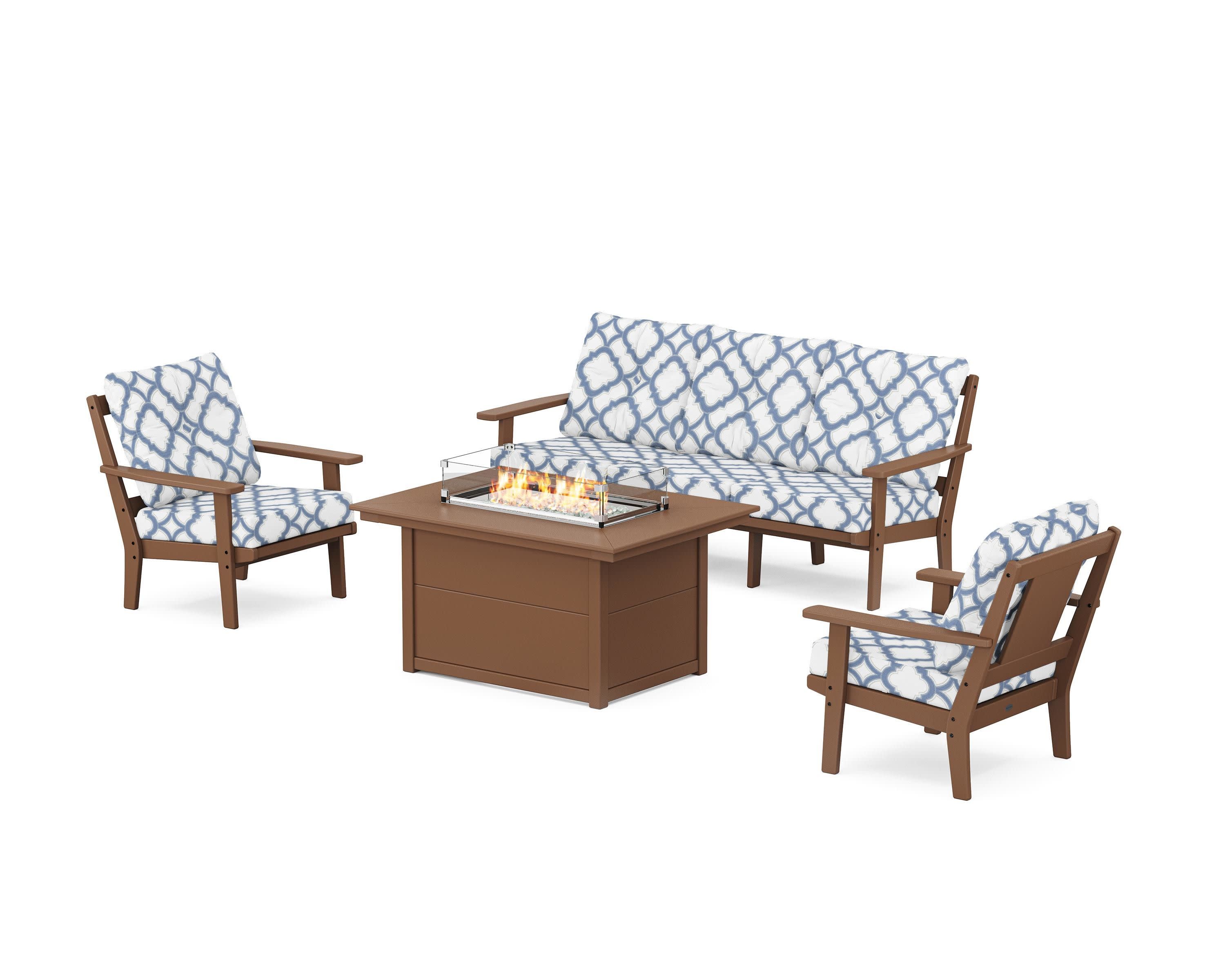 Prairie Deep Seating Fire Pit Table Set in Teak / Trellis Sky Blue