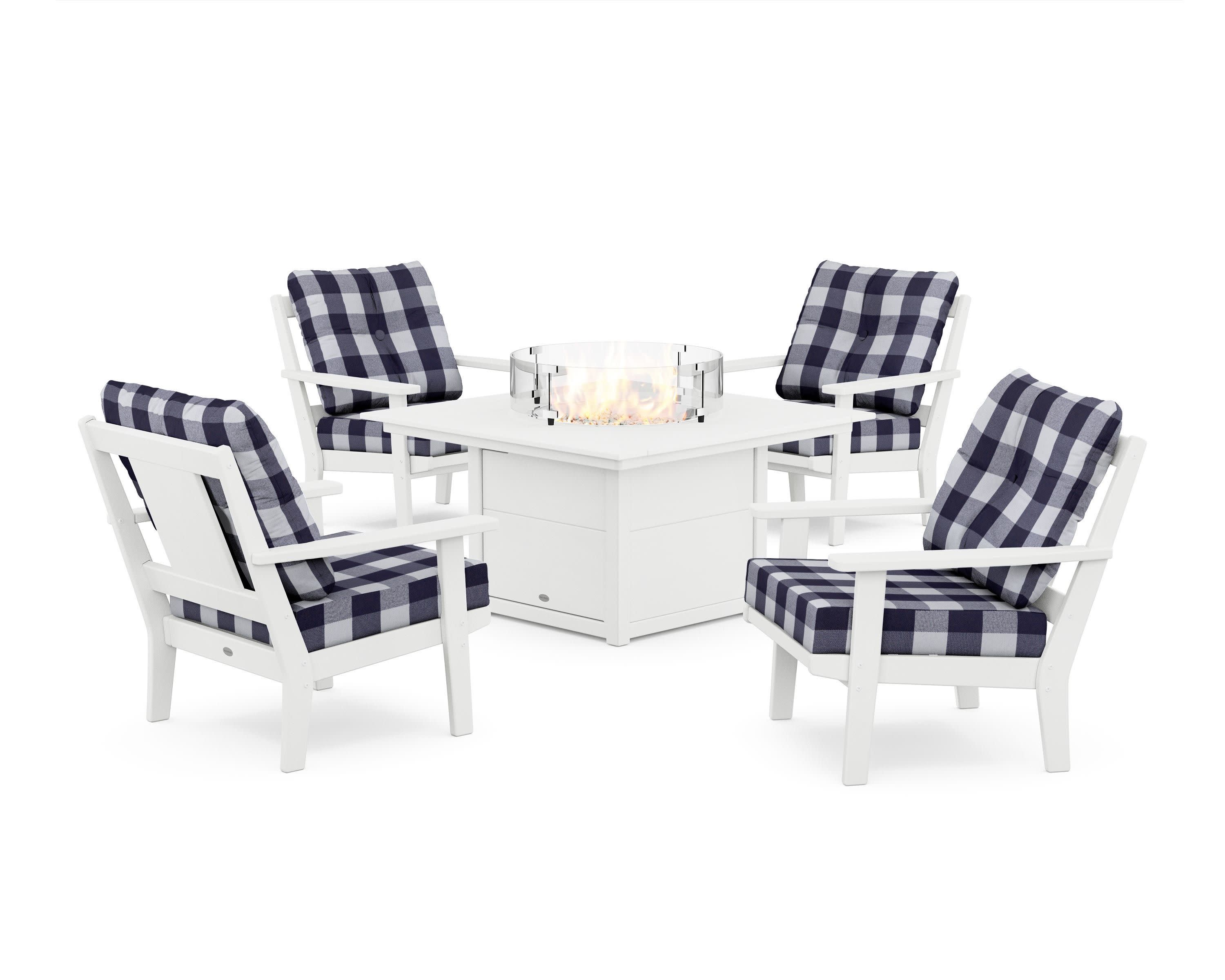 Prairie 5-Piece Deep Seating Set with Fire Pit Table in White / Buffalo Plaid Navy