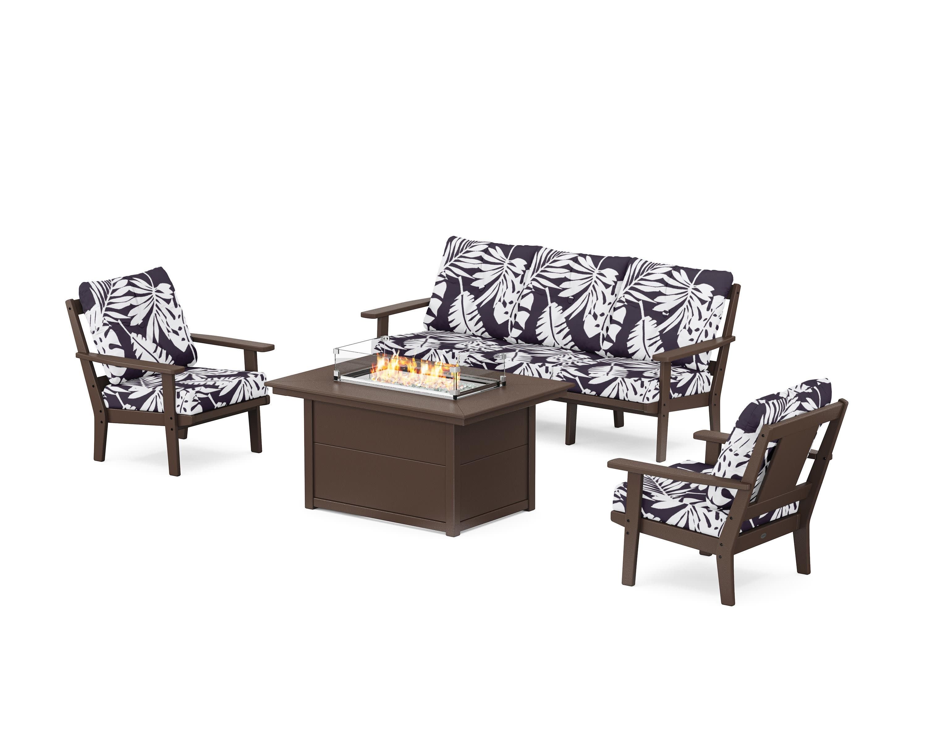 Prairie Deep Seating Fire Pit Table Set in Mahogany / Leaf Navy