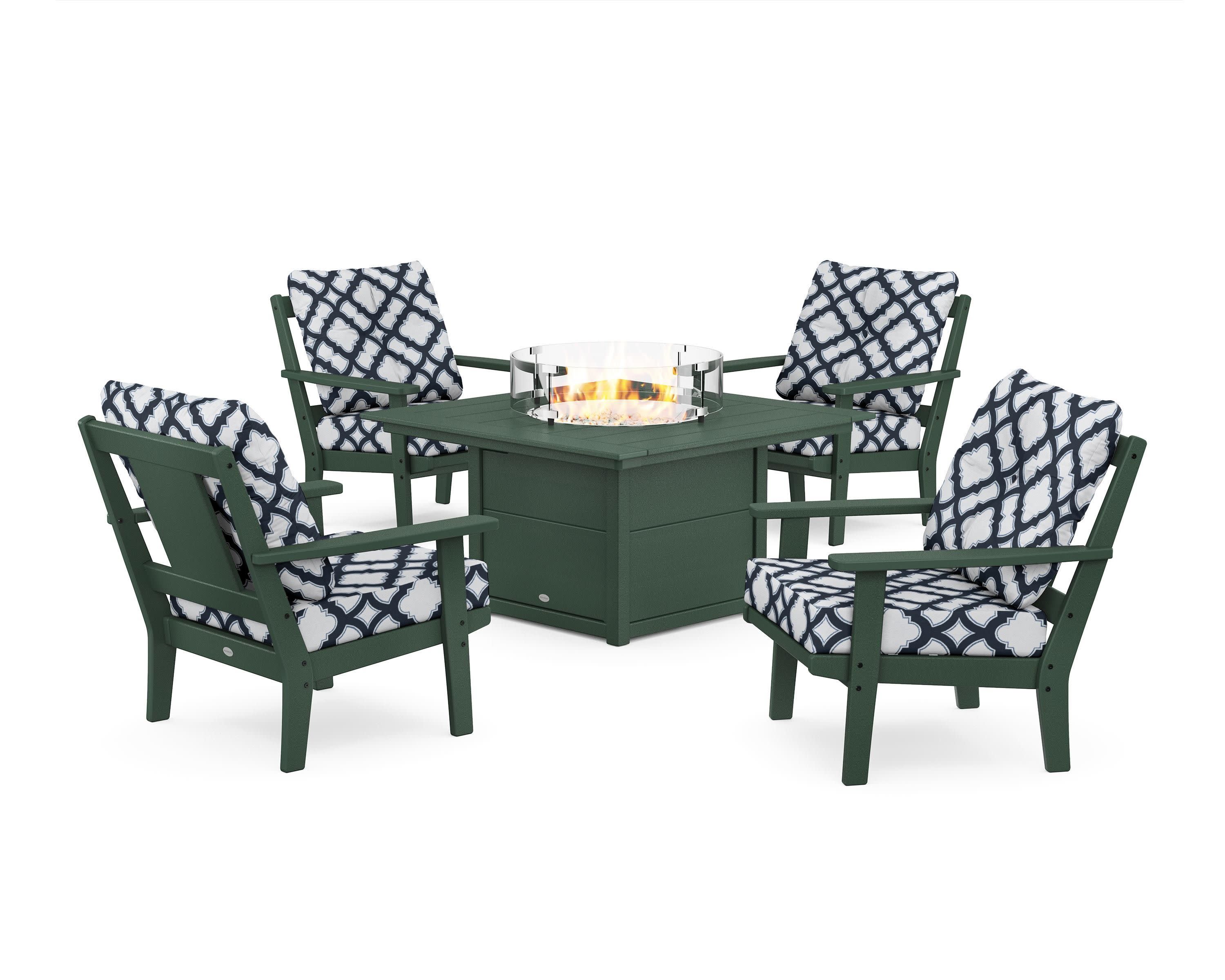 Prairie 5-Piece Deep Seating Set with Fire Pit Table in Green / Trellis Marine Indigo
