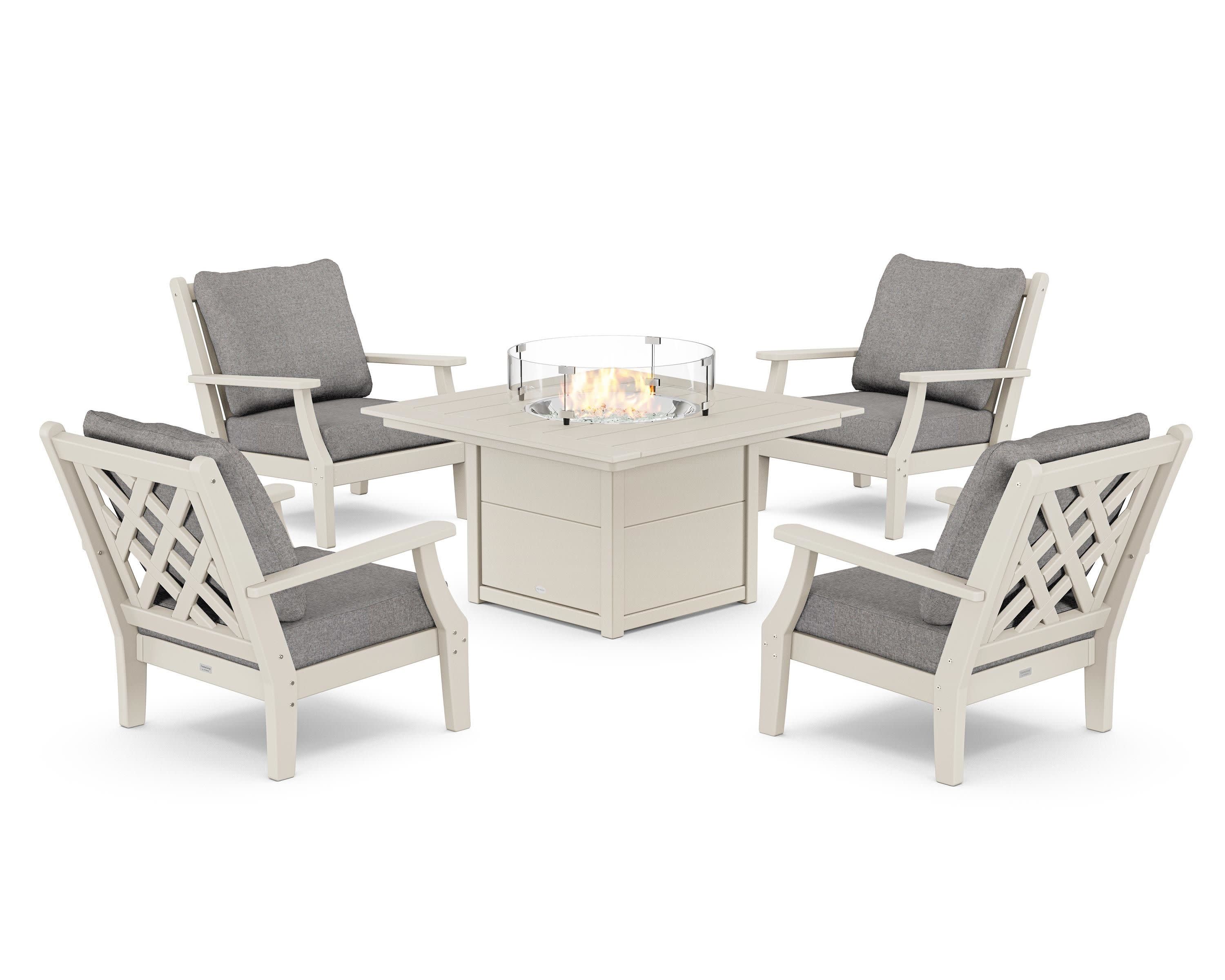 Wovendale 5-Piece Deep Seating Set with Fire Pit Table in Sand / Grey Mist
