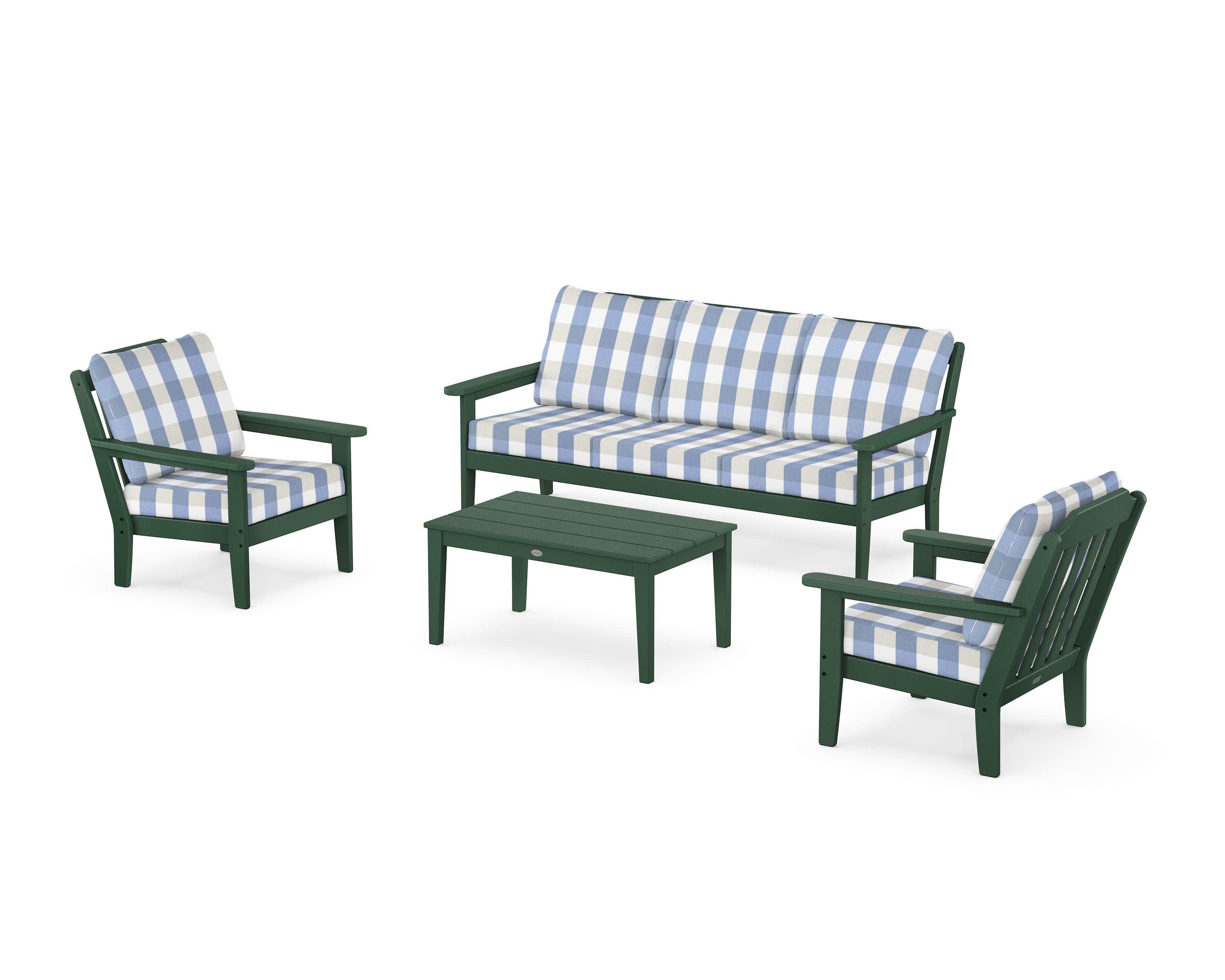 Cottage 4-Piece Deep Seating Set with Sofa in Green / Buffalo Plaid Sky Blue