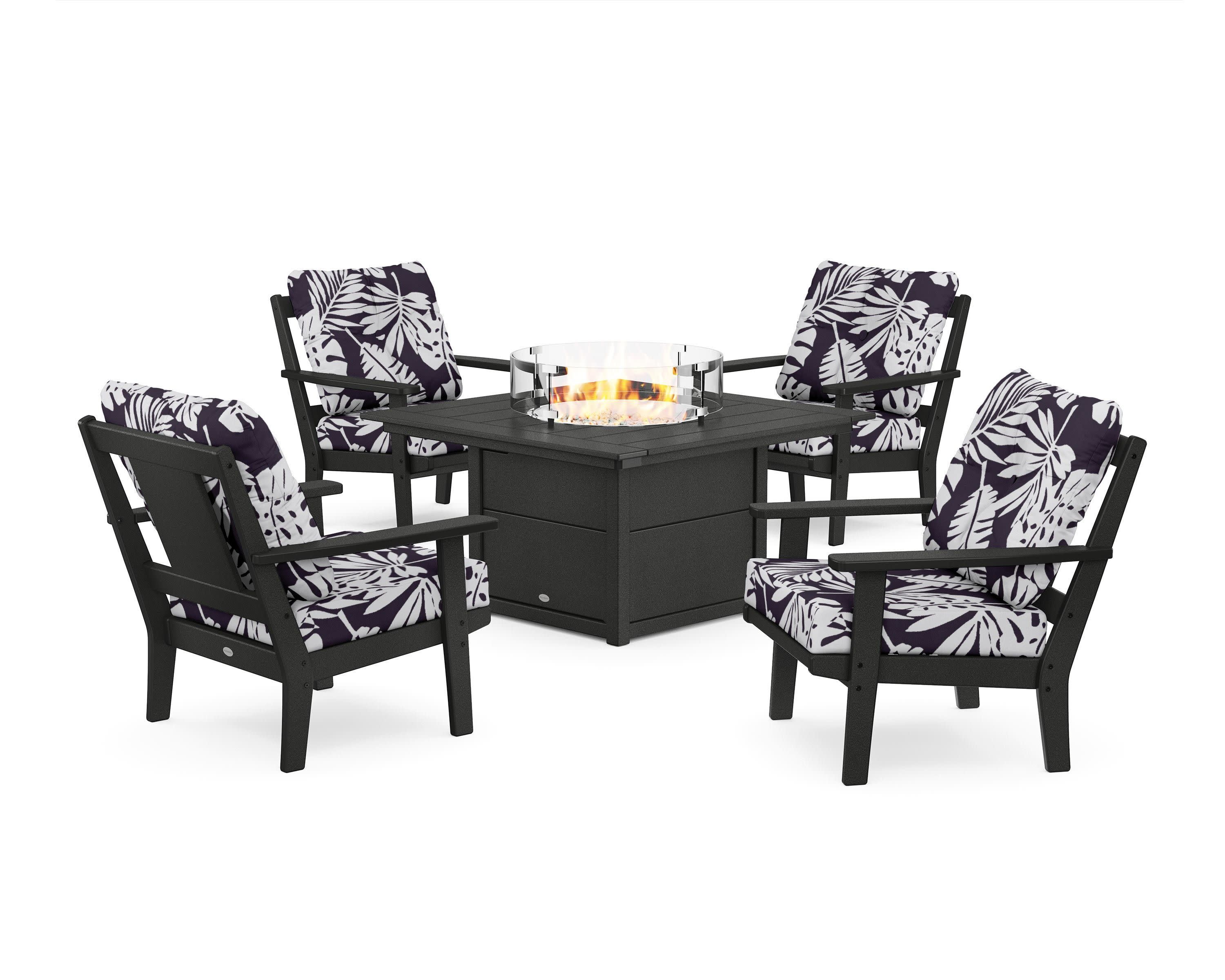 Prairie 5-Piece Deep Seating Set with Fire Pit Table in Black / Leaf Navy