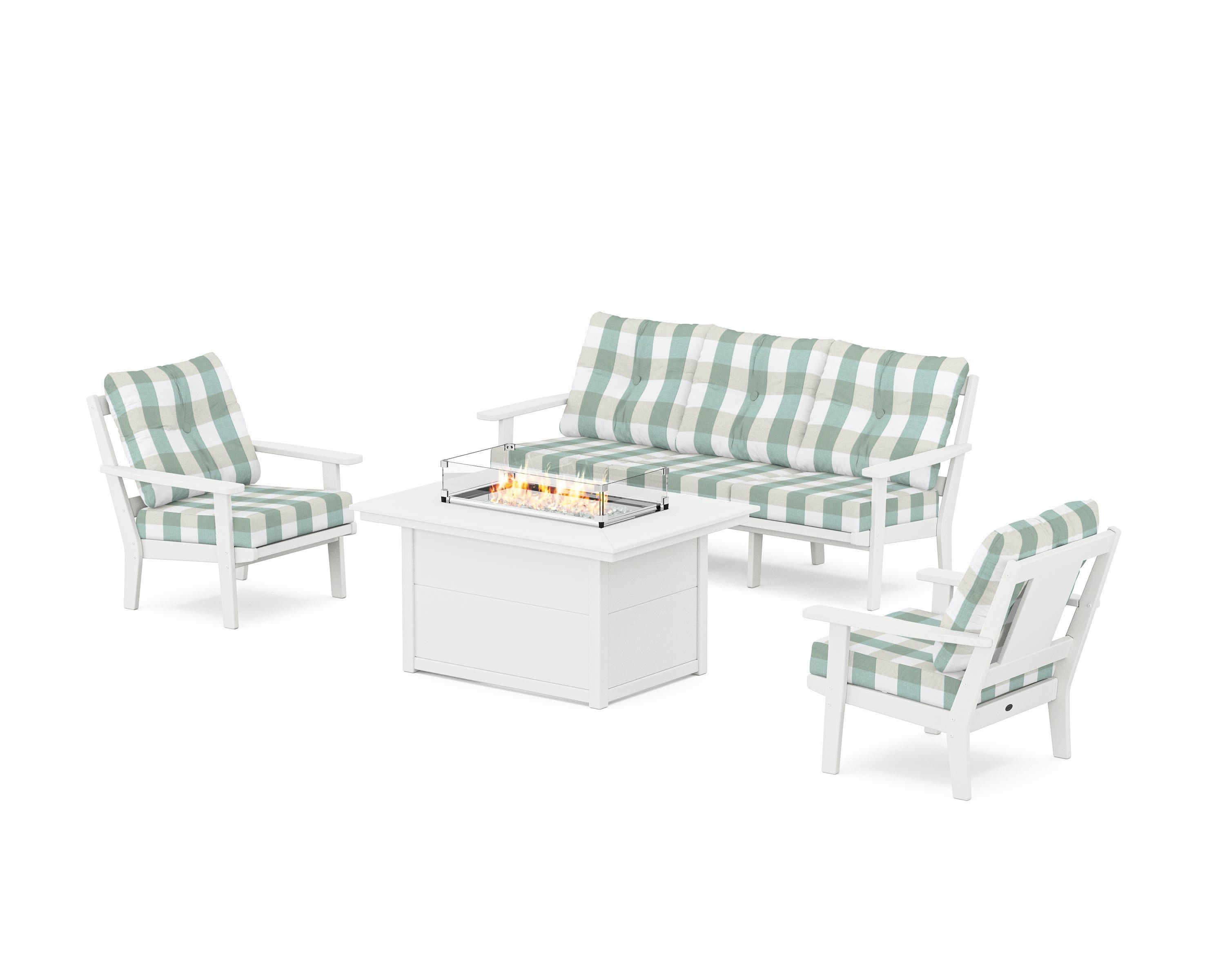 Prairie Deep Seating Fire Pit Table Set in White / Buffalo Plaid Glacier Spa