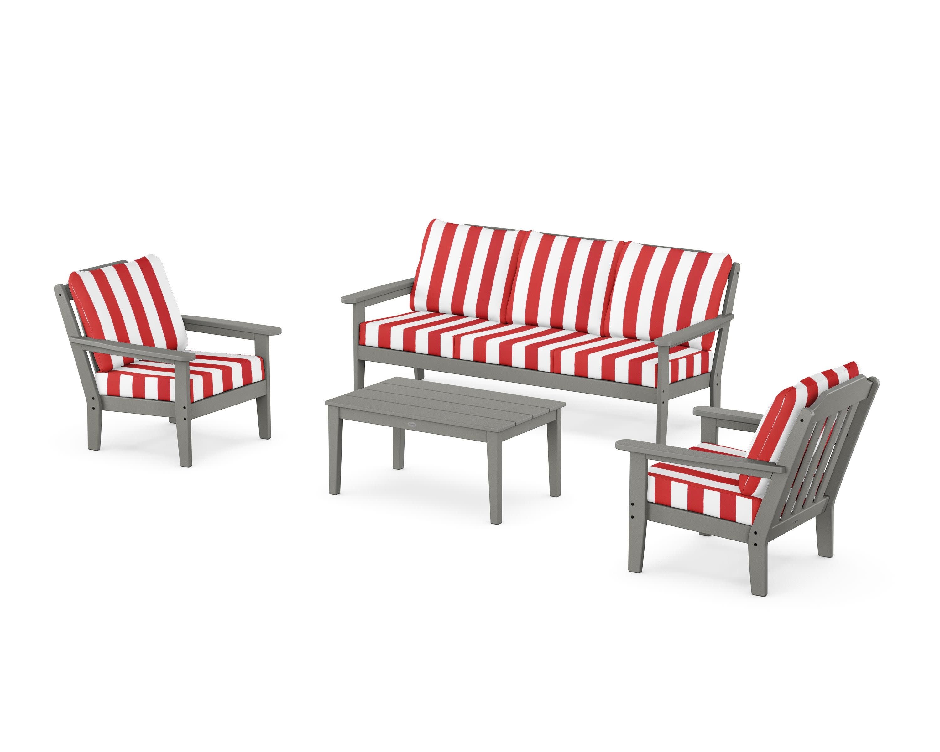 Cottage 4-Piece Deep Seating Set with Sofa in Slate Grey / Cabana Stripe Crimson