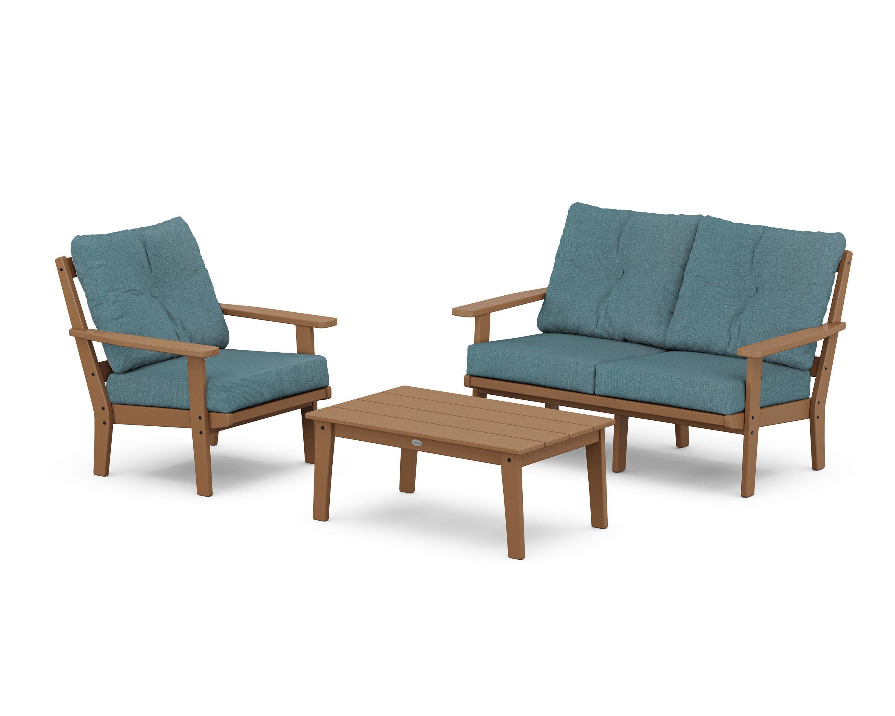 Prairie 3-Piece Deep Seating Set with Loveseat in Teak / Ocean Teal