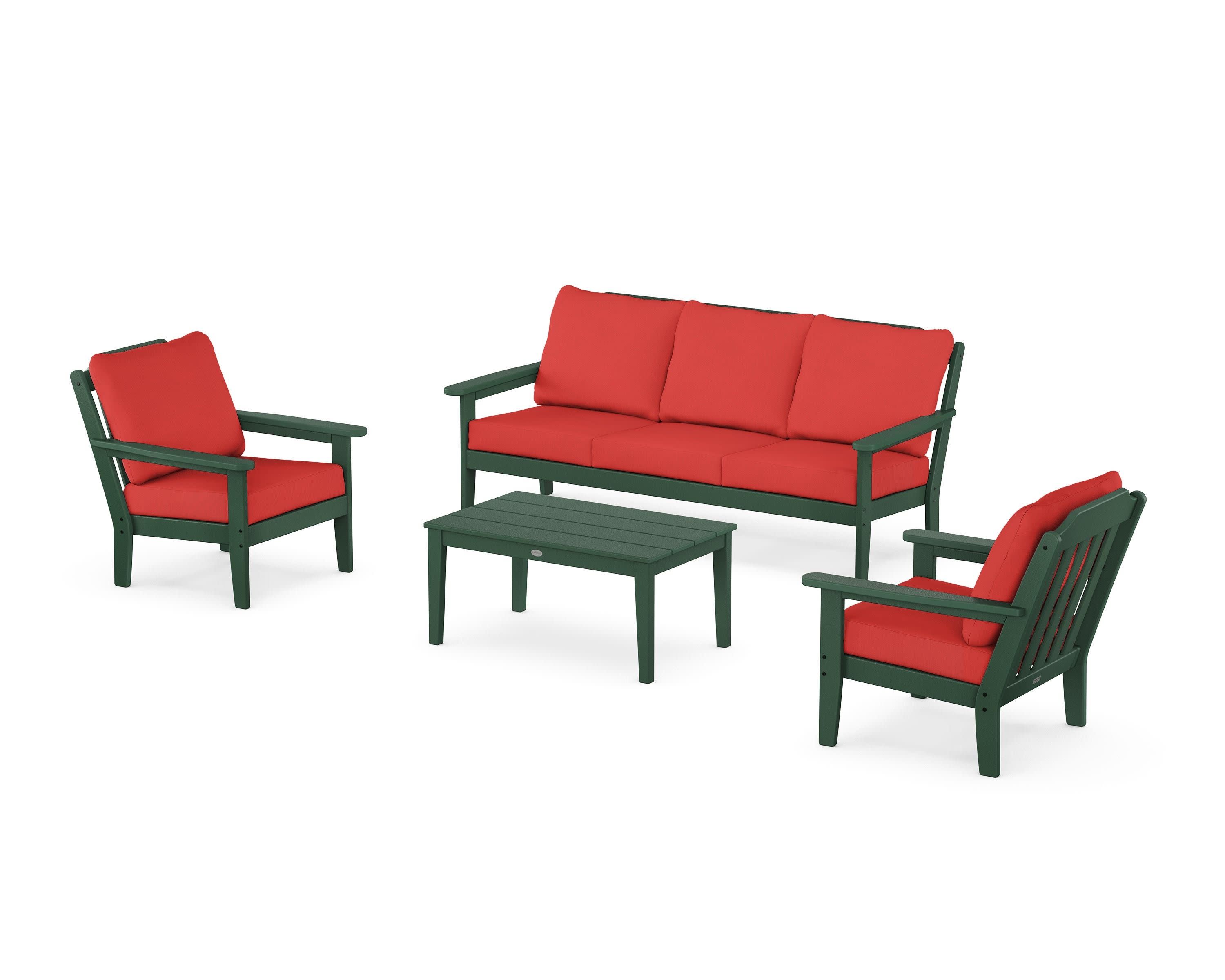 Cottage 4-Piece Deep Seating Set with Sofa in Green / Crimson Linen