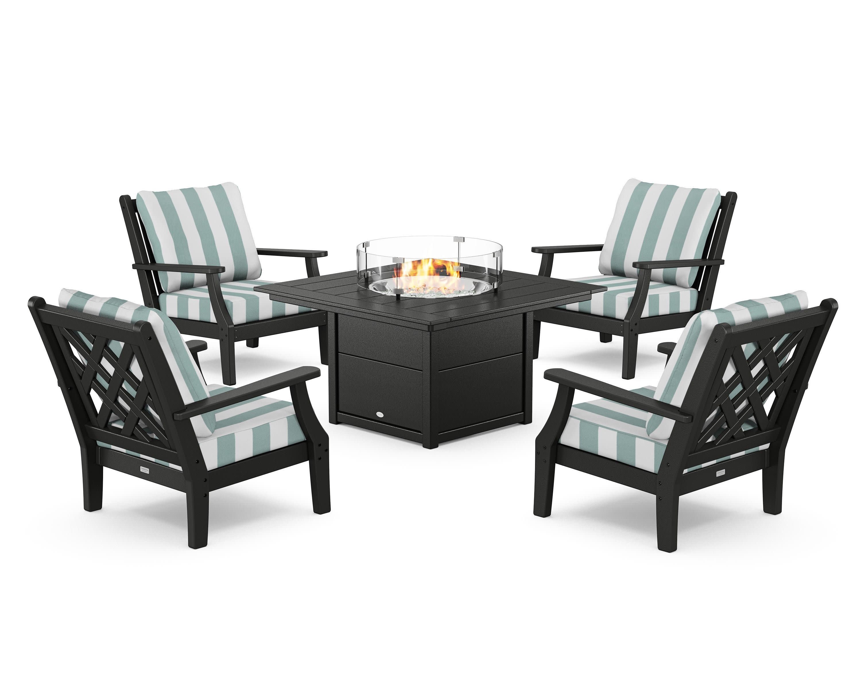 Wovendale 5-Piece Deep Seating Set with Fire Pit Table in Black / Cabana Stripe Glacier Spa