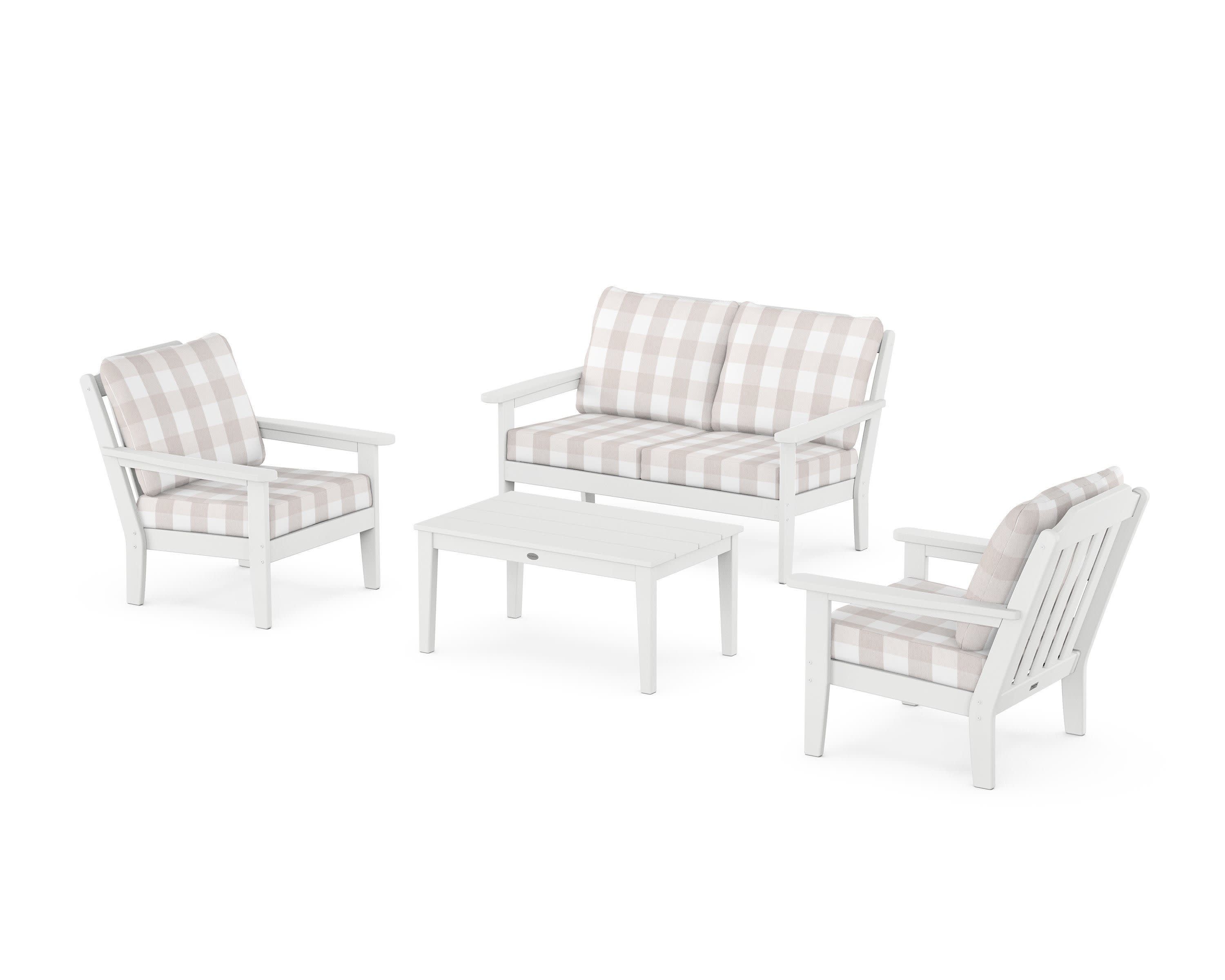 Cottage 4-Piece Deep Seating Set with Loveseat in White / Buffalo Plaid Dune Burlap
