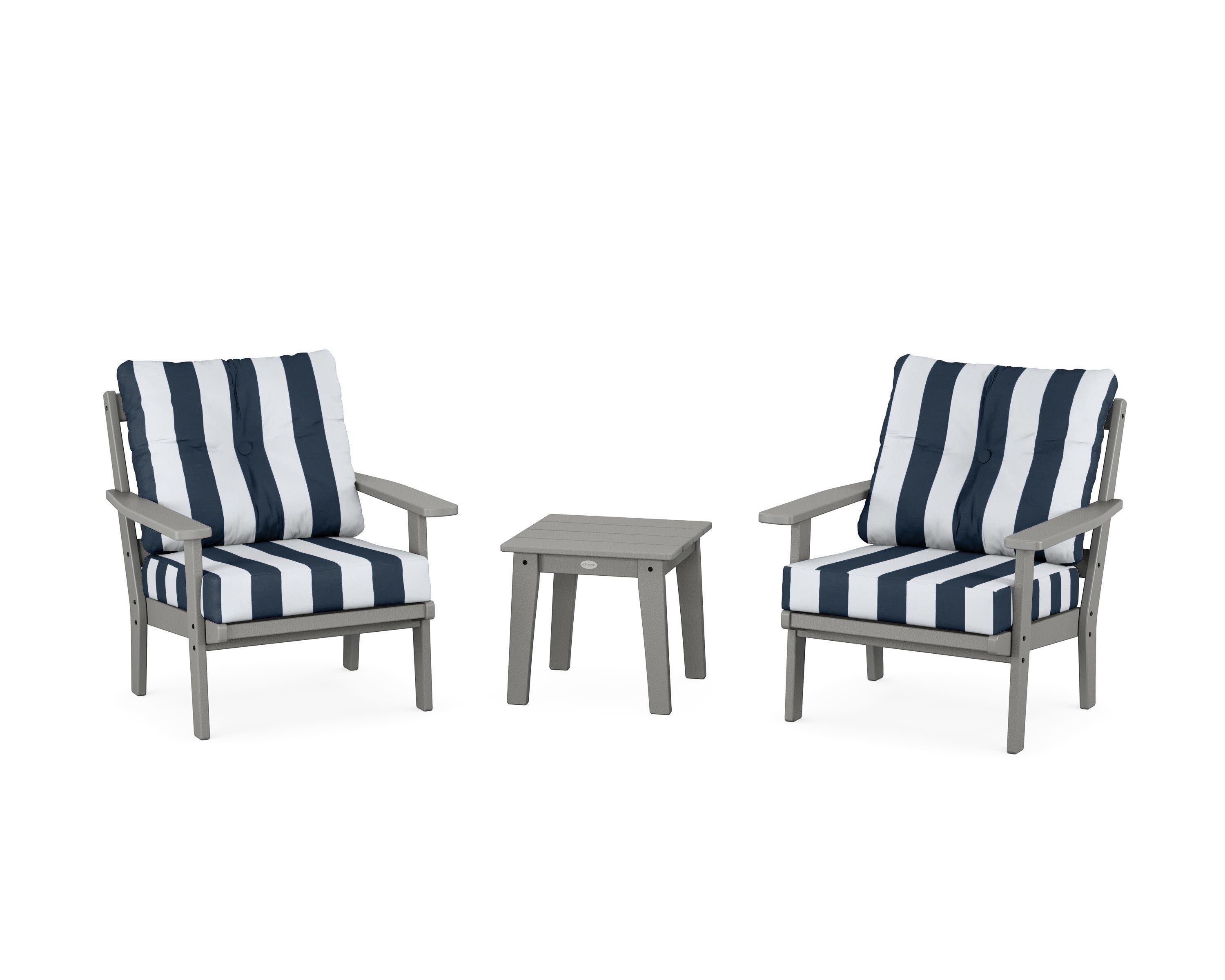 Prairie 3-Piece Deep Seating Set in Slate Grey / Cabana Stripe Marine Indigo
