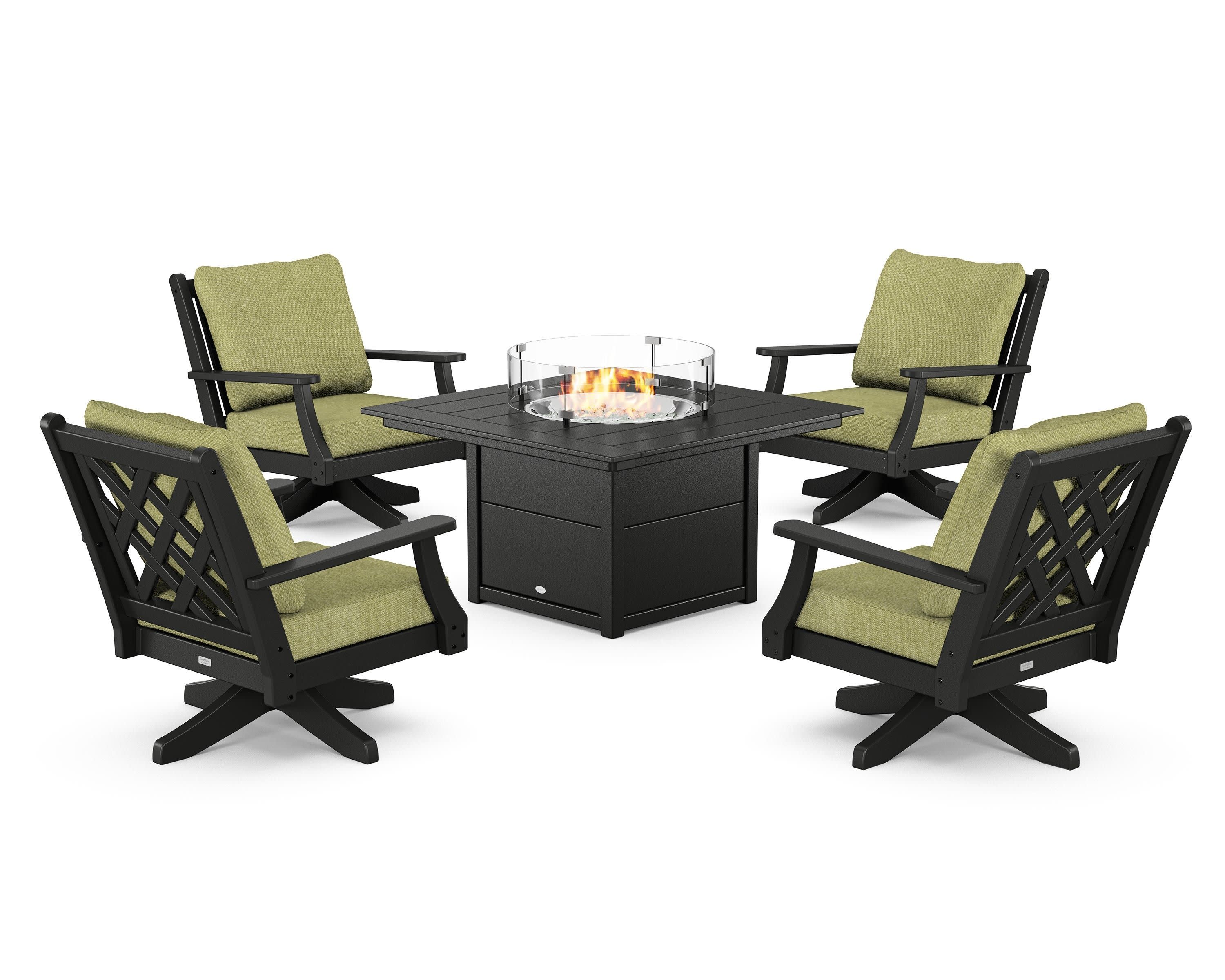 Wovendale 5-Piece Deep Seating Swivel Conversation Set with Fire Pit Table in Black / Chartreuse Boucle
