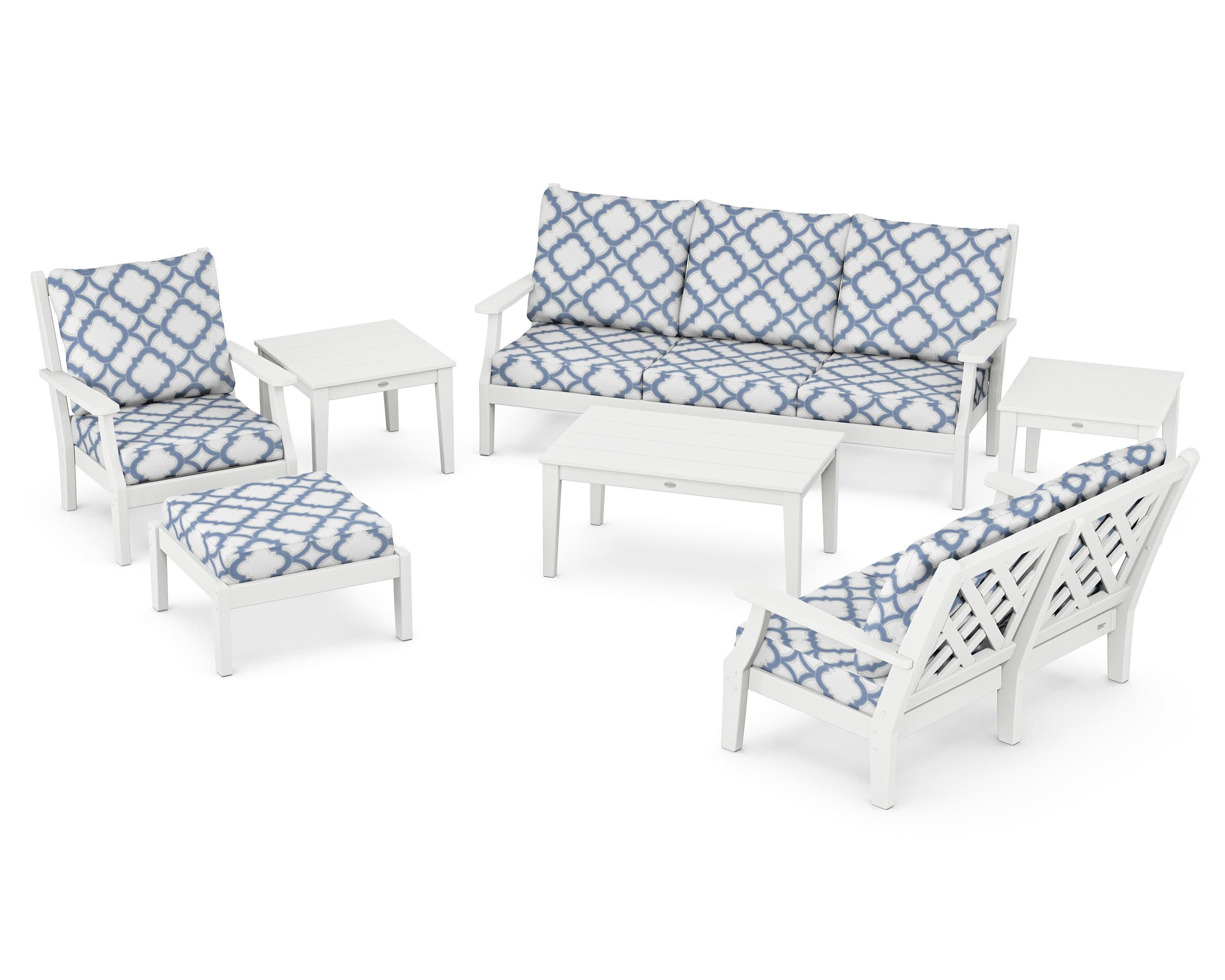 Wovendale 7-Piece Deep Seating Set in White / Trellis Sky Blue