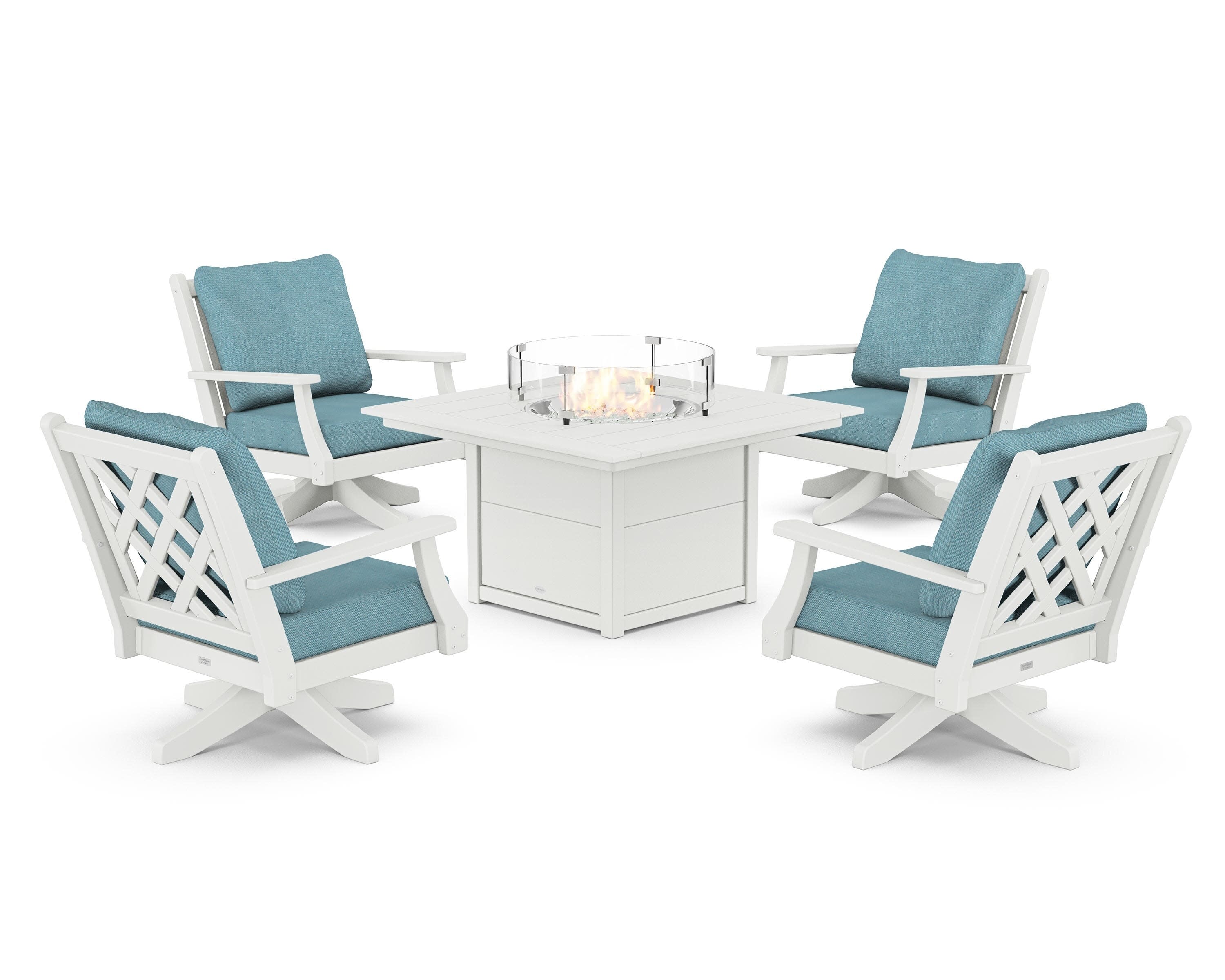 Wovendale 5-Piece Deep Seating Swivel Conversation Set with Fire Pit Table in White / Lattice Sky Blue