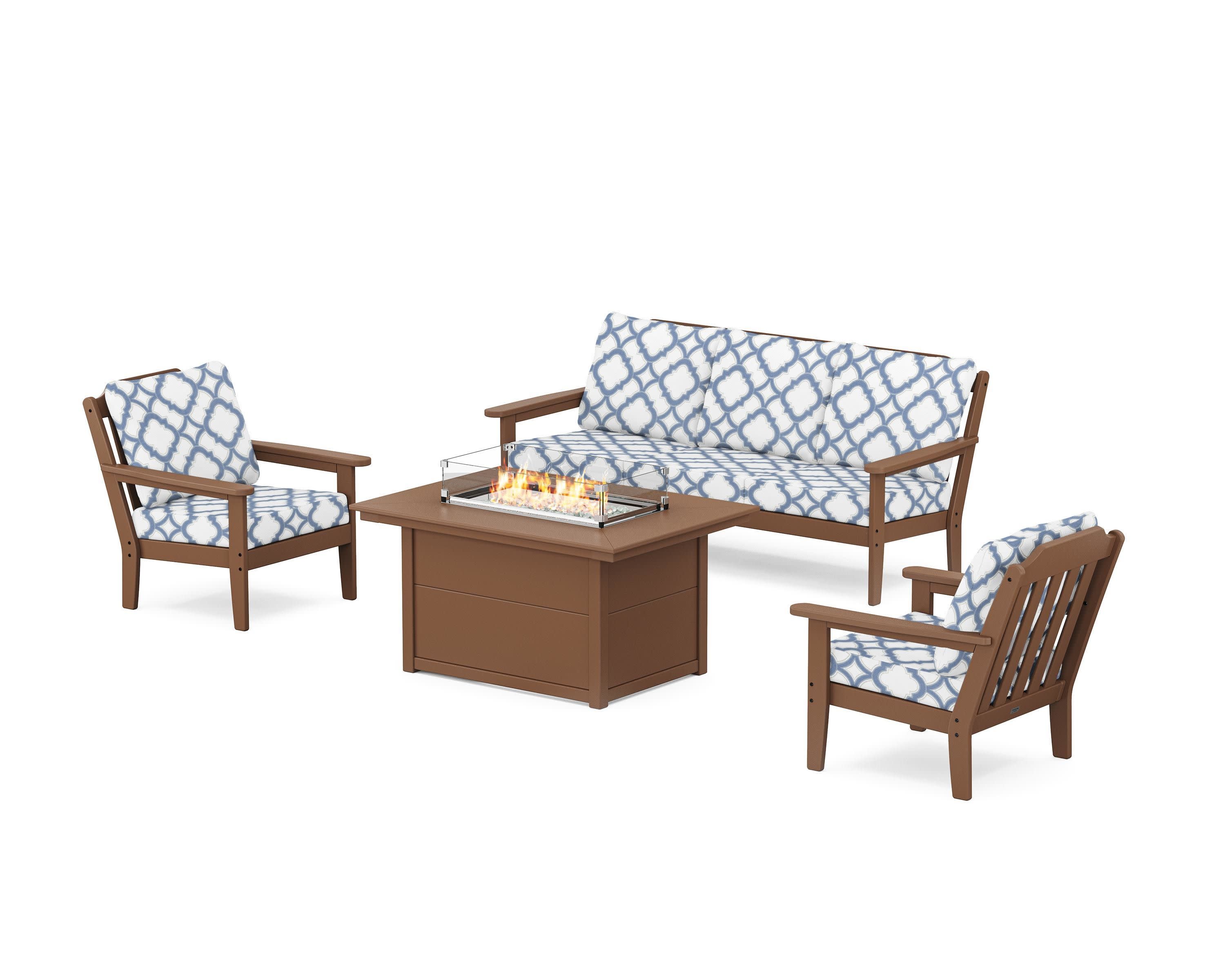 Cottage Deep Seating Fire Pit Table Set in Teak / Trellis Sky Blue