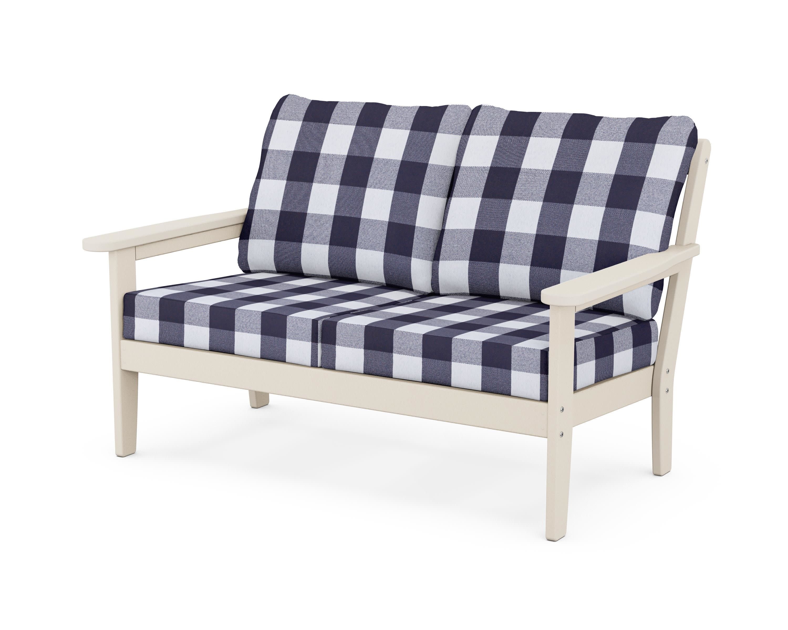 Cottage Deep Seating Loveseat in Sand / Buffalo Plaid Navy