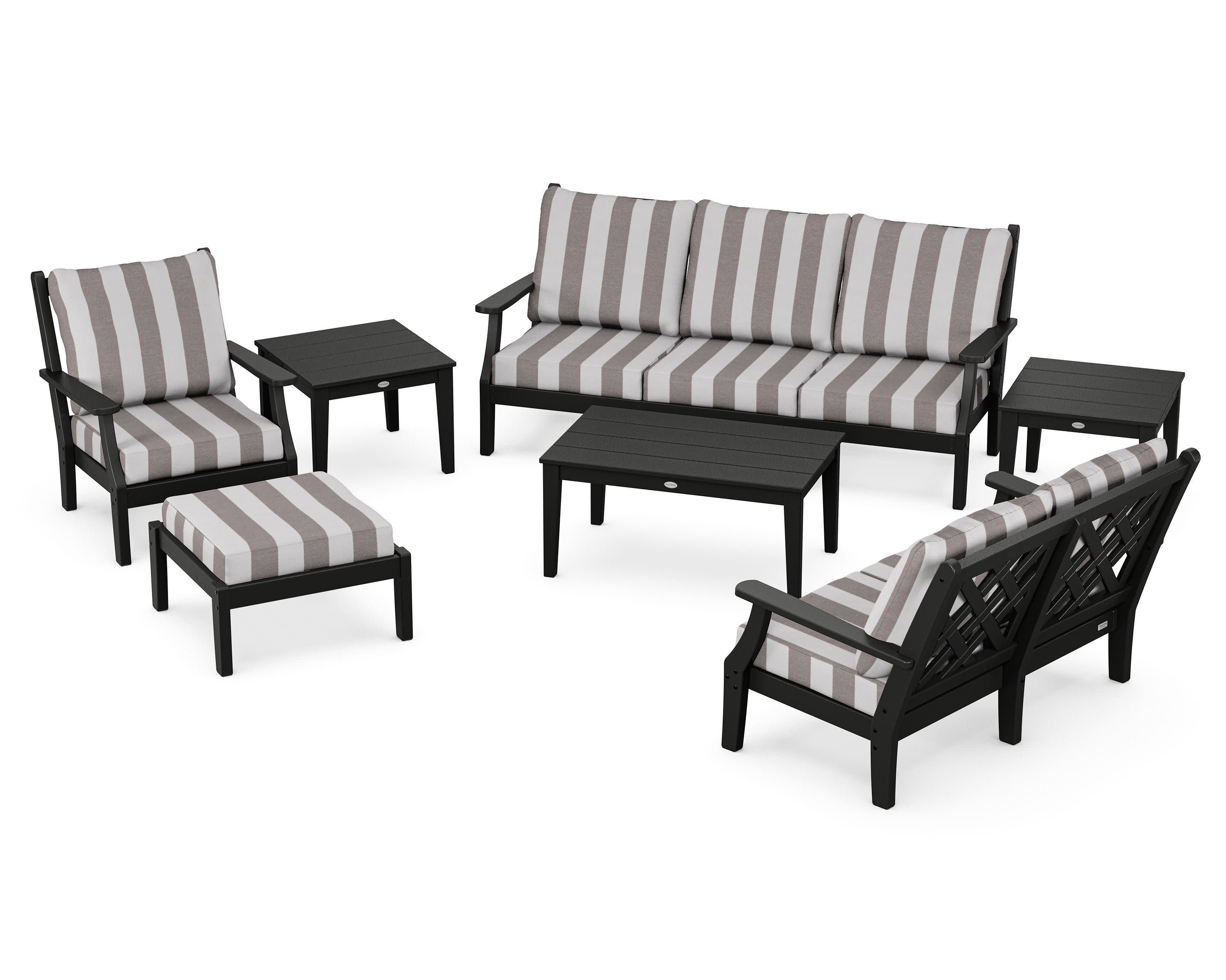 Wovendale 7-Piece Deep Seating Set in Black / Cabana Stripe Grey Mist