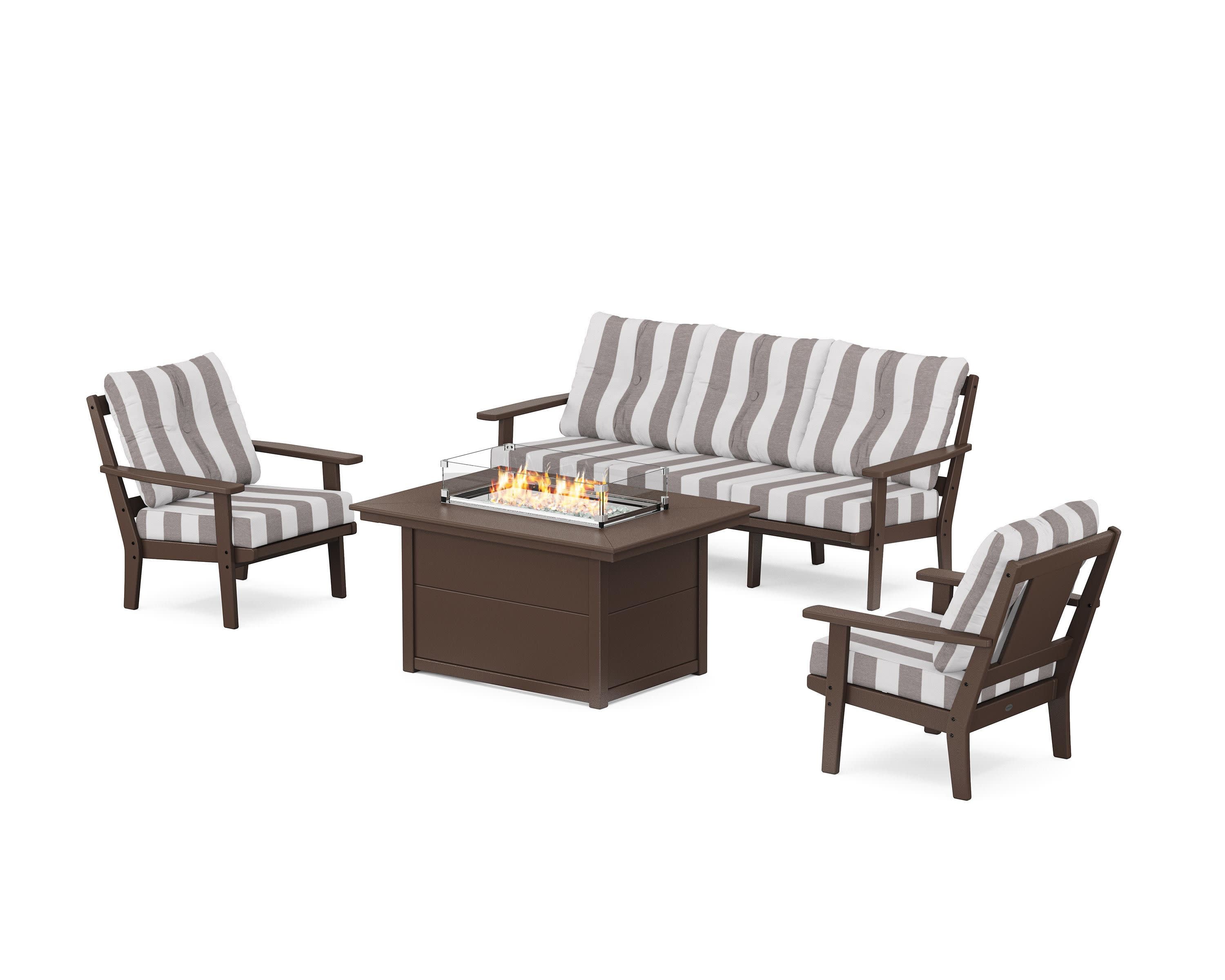Prairie Deep Seating Fire Pit Table Set in Mahogany / Cabana Stripe Grey Mist