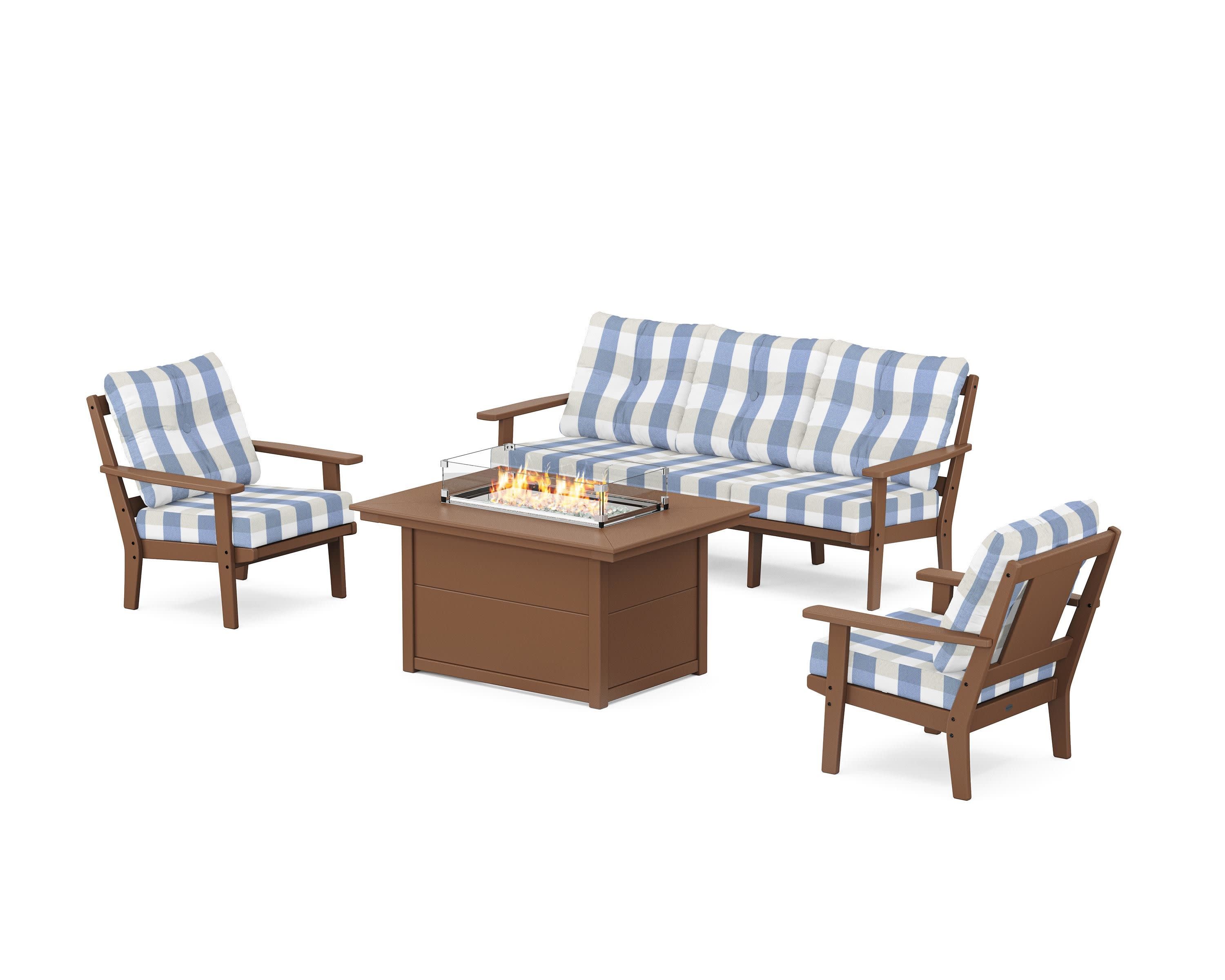 Prairie Deep Seating Fire Pit Table Set in Teak / Buffalo Plaid Sky Blue