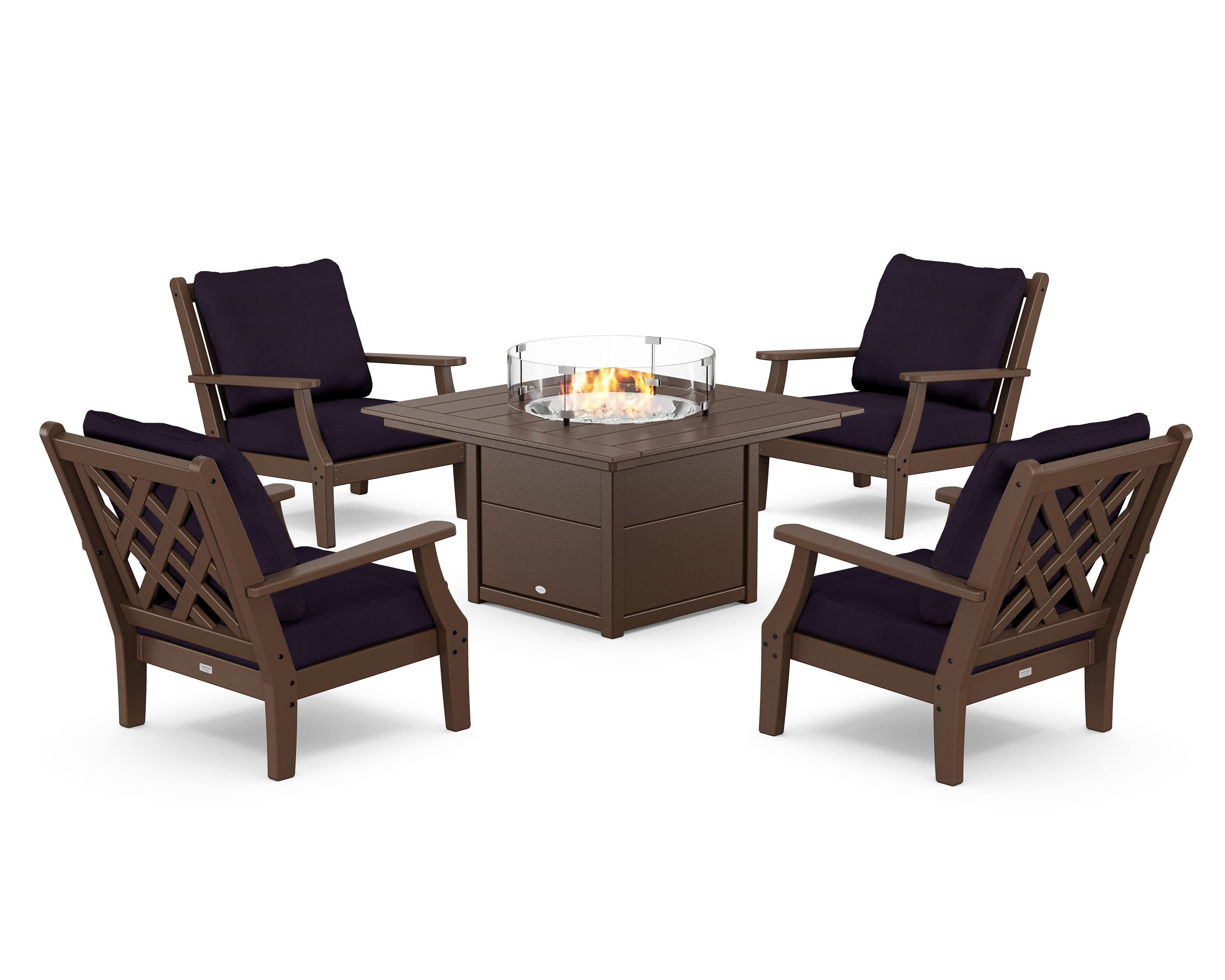 Wovendale 5-Piece Deep Seating Set with Fire Pit Table in Mahogany / Navy Linen