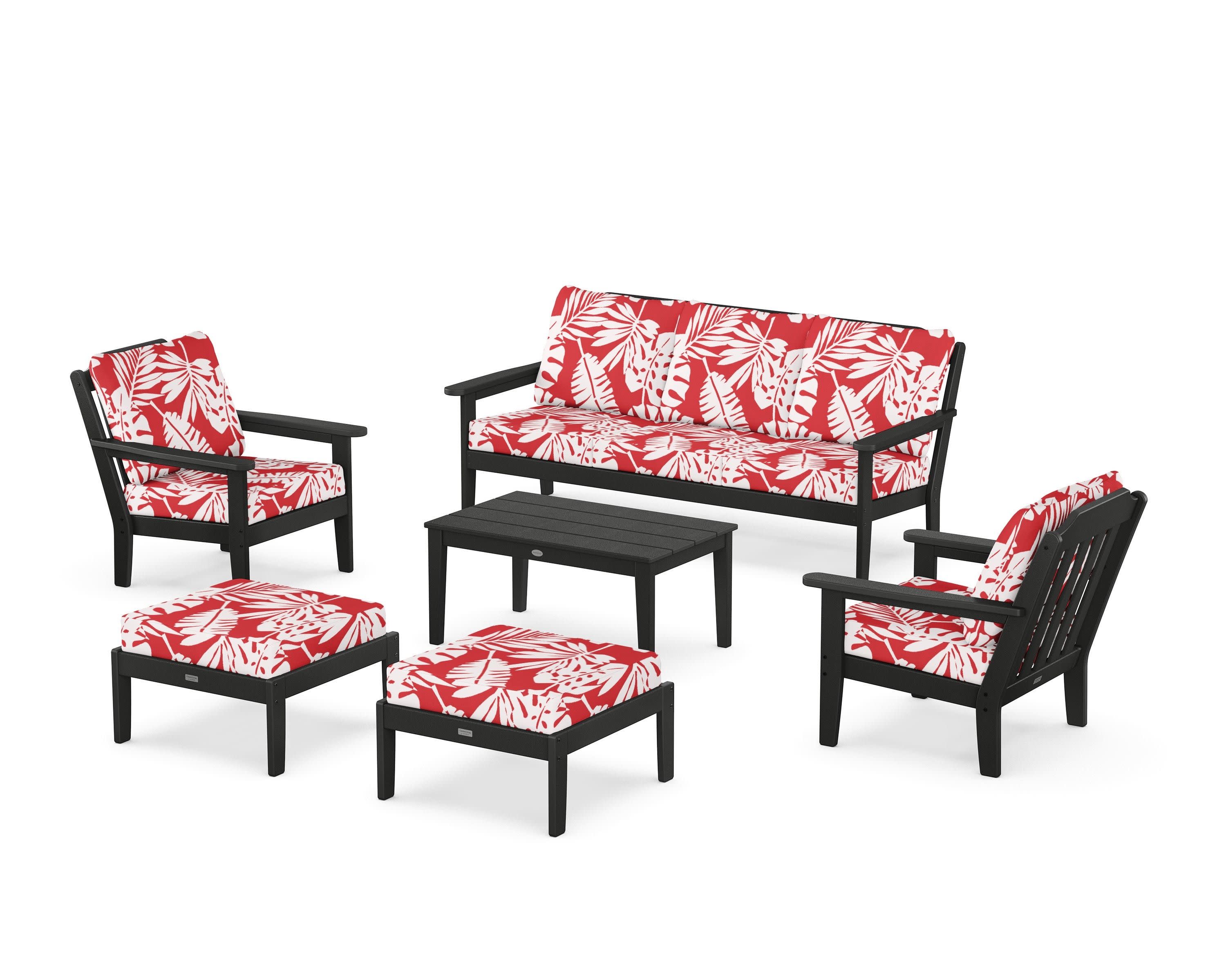 Cottage 6-Piece Lounge Sofa Set in Black / Leaf Crimson