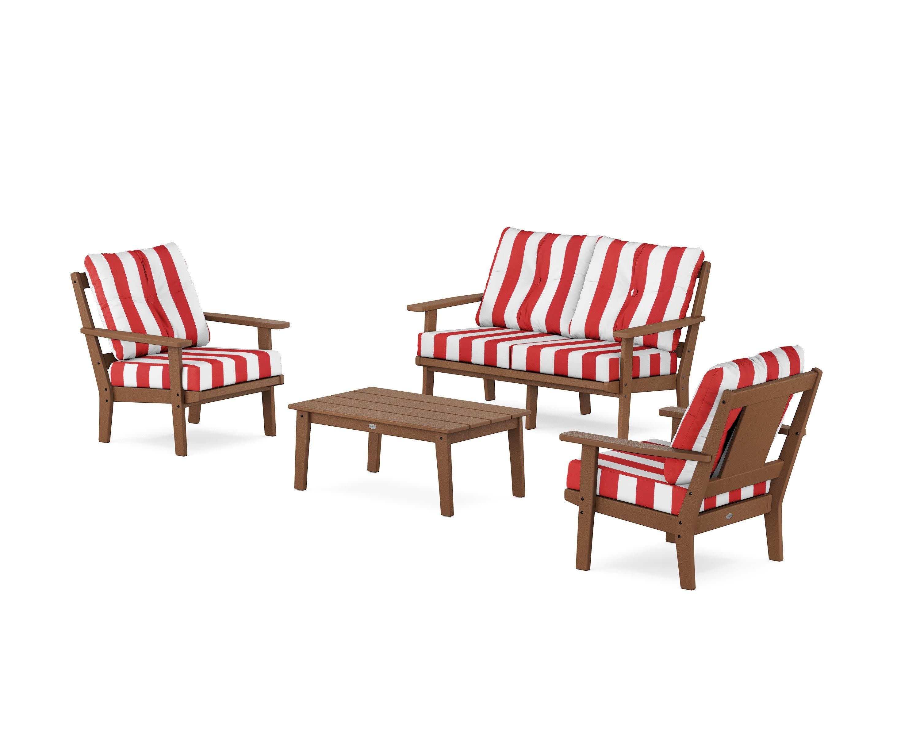 Prairie 4-Piece Deep Seating Set with Loveseat in Teak / Cabana Stripe Crimson