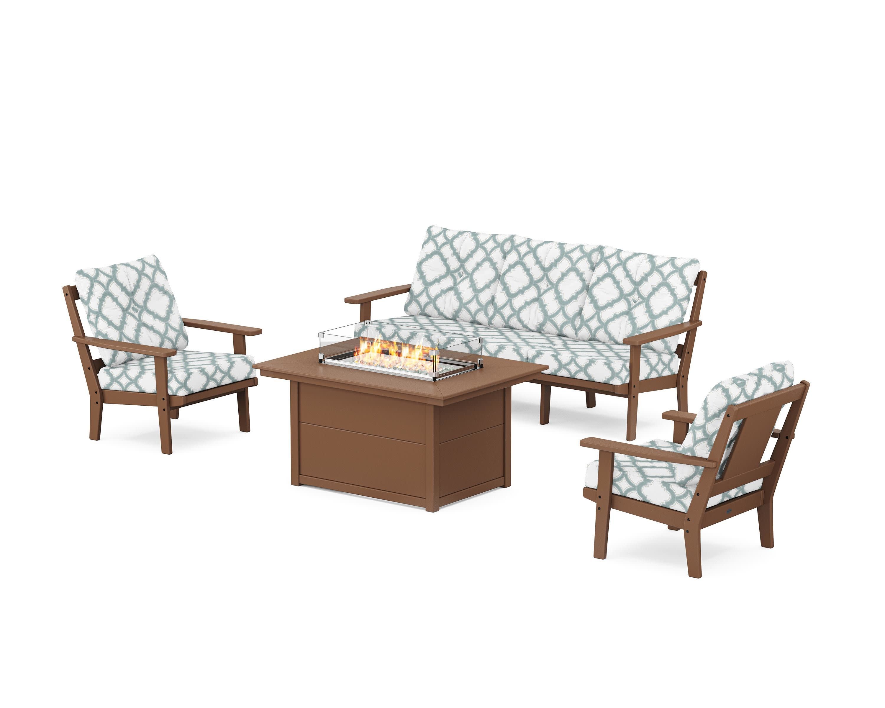 Prairie Deep Seating Fire Pit Table Set in Teak / Trellis Glacier Spa