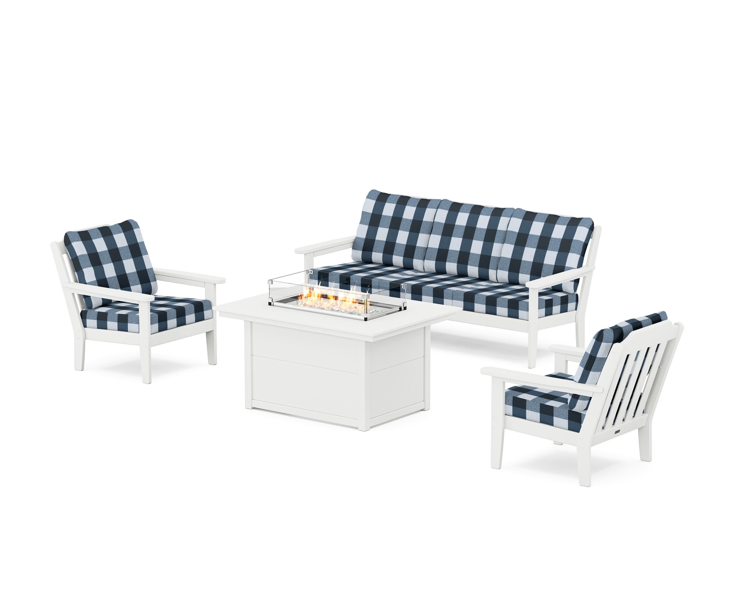 Cottage Deep Seating Fire Pit Table Set in White / Buffalo Plaid Marine Indigo